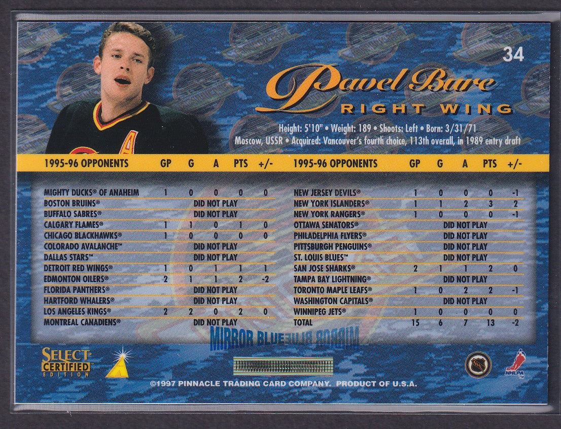 PAVEL BURE - 1996 Pinnacle Select Certified MIRROR Blue w/ Coating #34