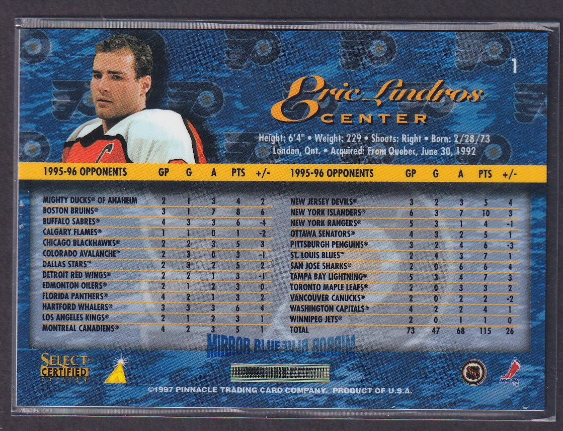 ERIC LINDROS - 1996 Pinnacle Select Certified MIRROR Blue w/ Coating #1