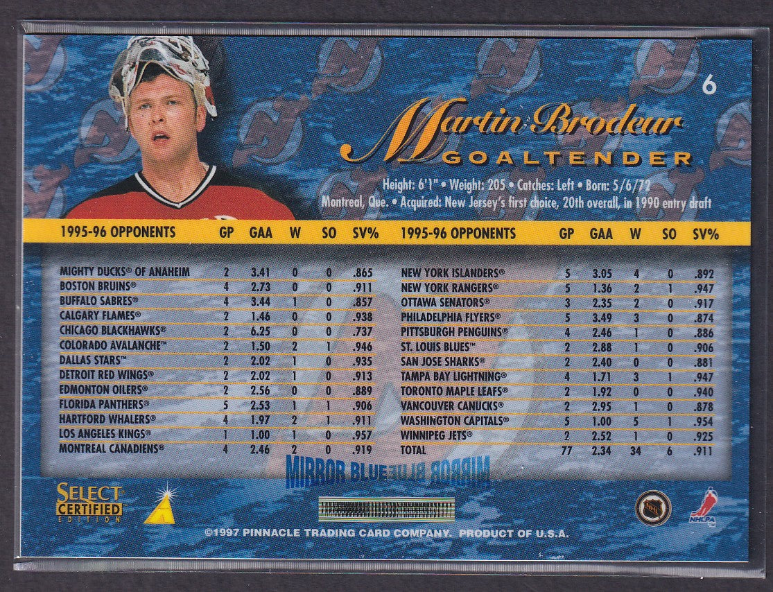 MARTIN BRODEUR - 1996 Pinnacle Select Certified MIRROR Blue w/ Coating #6