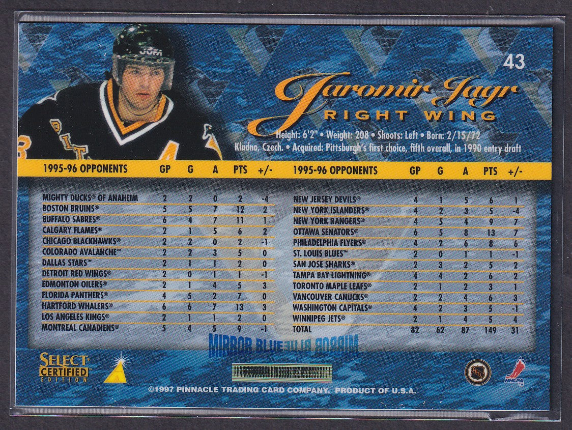 JAROMIR JAGR - 1996 Pinnacle Select Certified MIRROR Blue w/ Coating #43