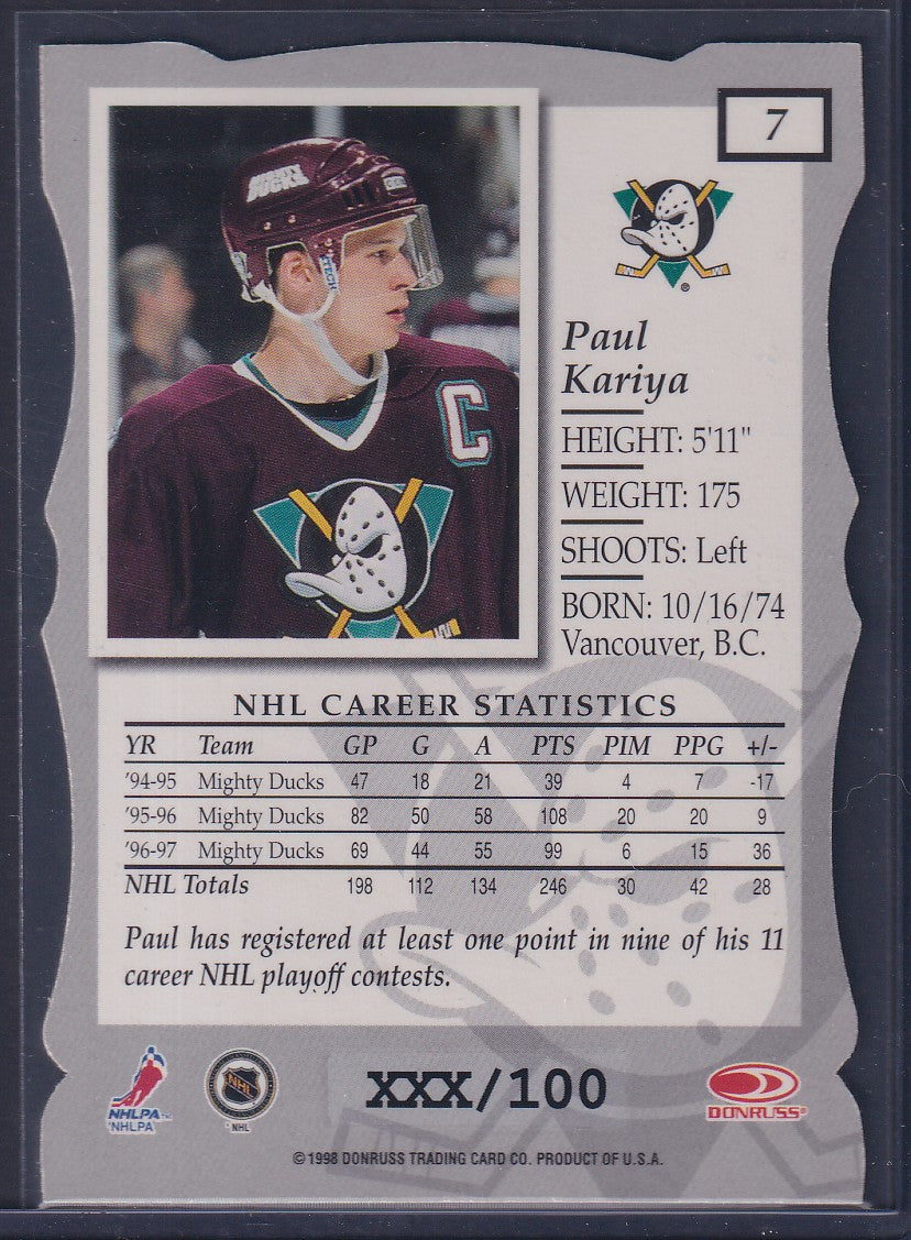 PAUL KARIYA - 1997 Donruss Elite Status Die Cut #7, xxx/100