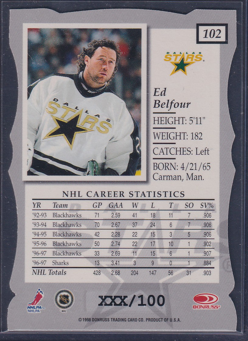 ED BELFOUR - 1997 Donruss Elite Status Die Cut #102, xxx/100