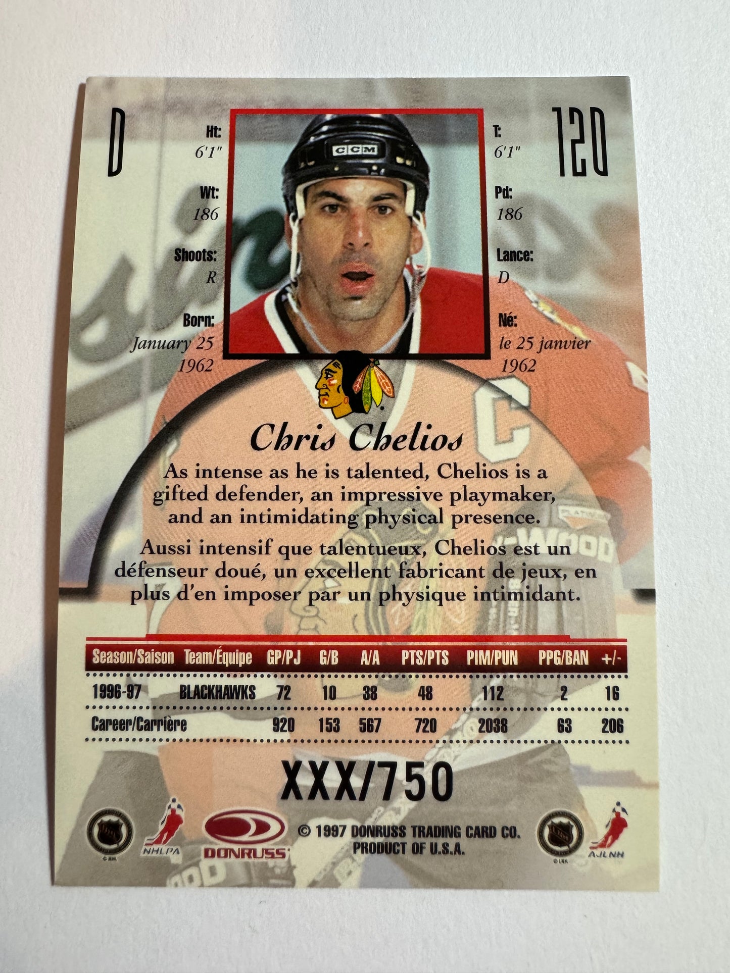 CHRIS CHELIOS - 1997 Donruss Canadian Ice Provincial Series #120, xxx/750