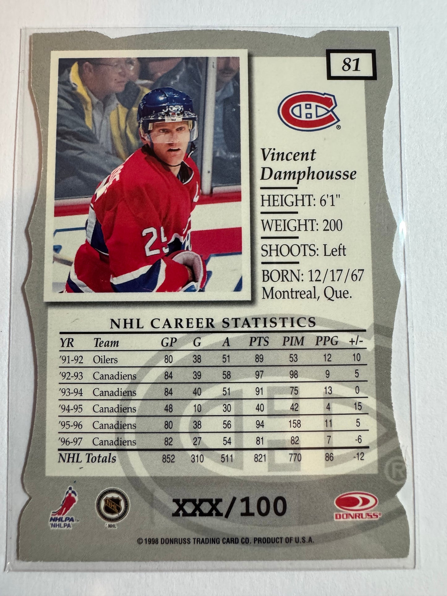 VINCENT DAMPHOUSSE - 1997 Donruss Elite Status Die Cut #81, xxx/100