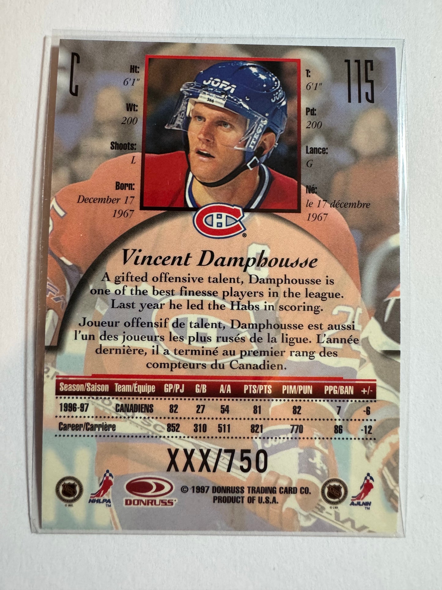 VINCENT DAMPHOUSSE - 1997 Donruss Canadian Ice Provincial Series #115, xxx/750