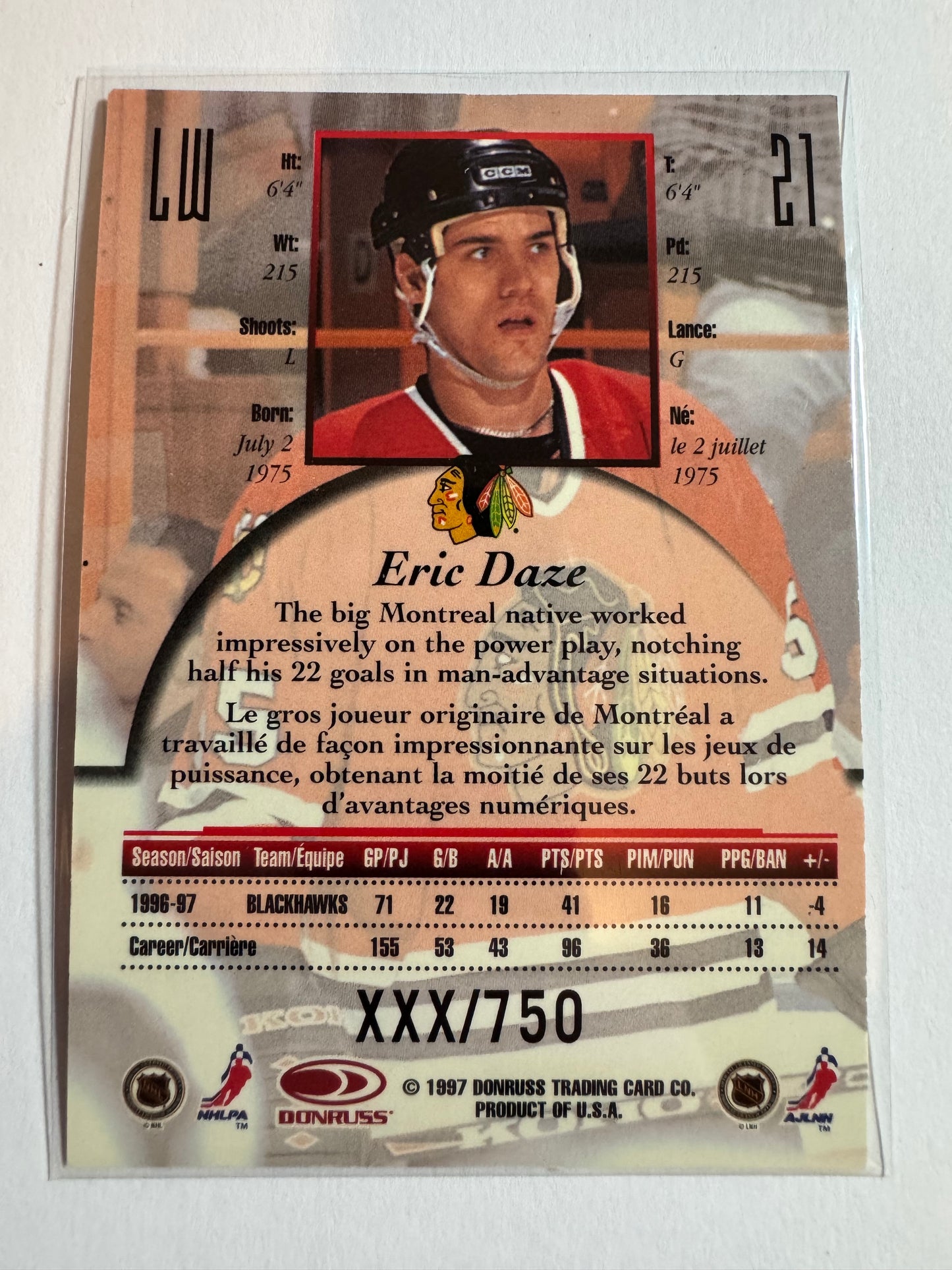 ERIC DAZE - 1997 Donruss Canadian Ice Provincial Series #21, xxx/750