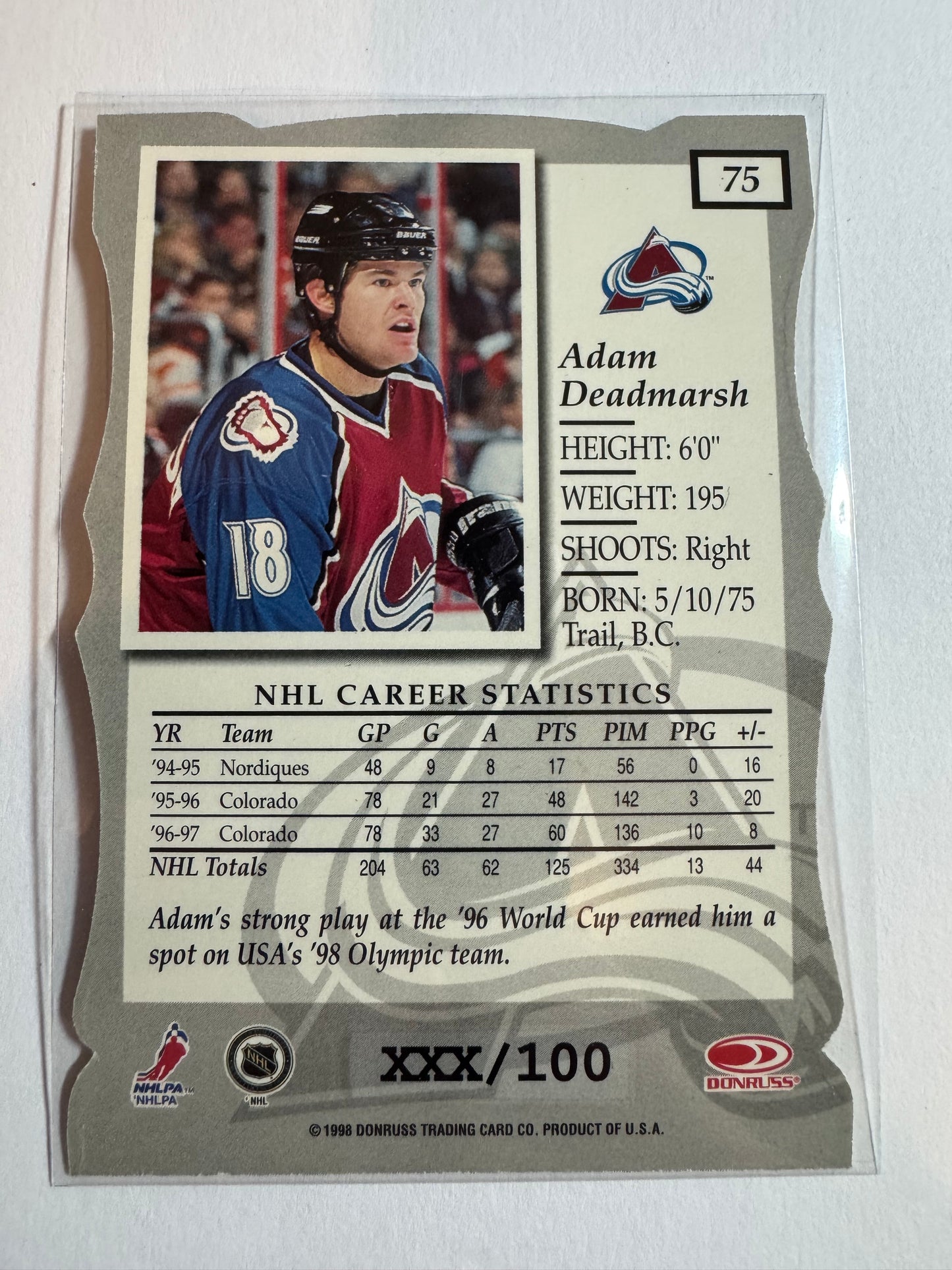 ADAM DEADMARSH - 1997 Donruss Elite Status Die Cut #75, xxx/100