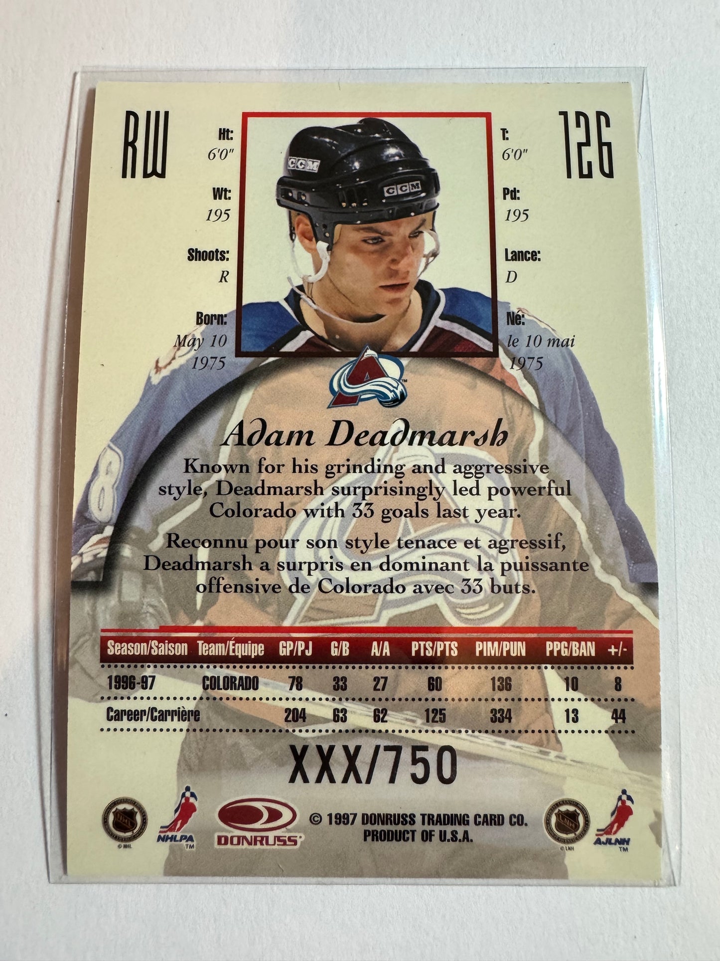 ADAM DEADMARSH - 1996 Donruss Canadian Ice Provincial Series #126, xxx/750