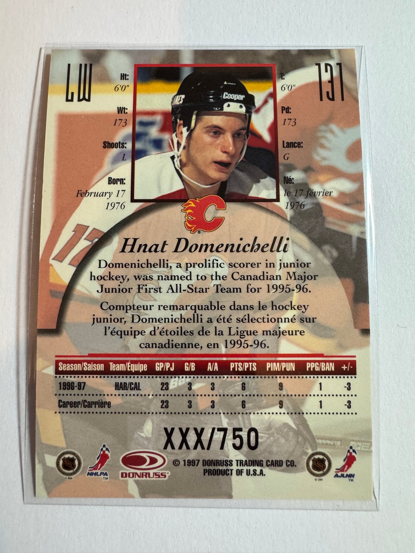 HNAT DOMENICHELLI - 1996 Donruss Canadian Ice Provincial Series #131, xxx/750