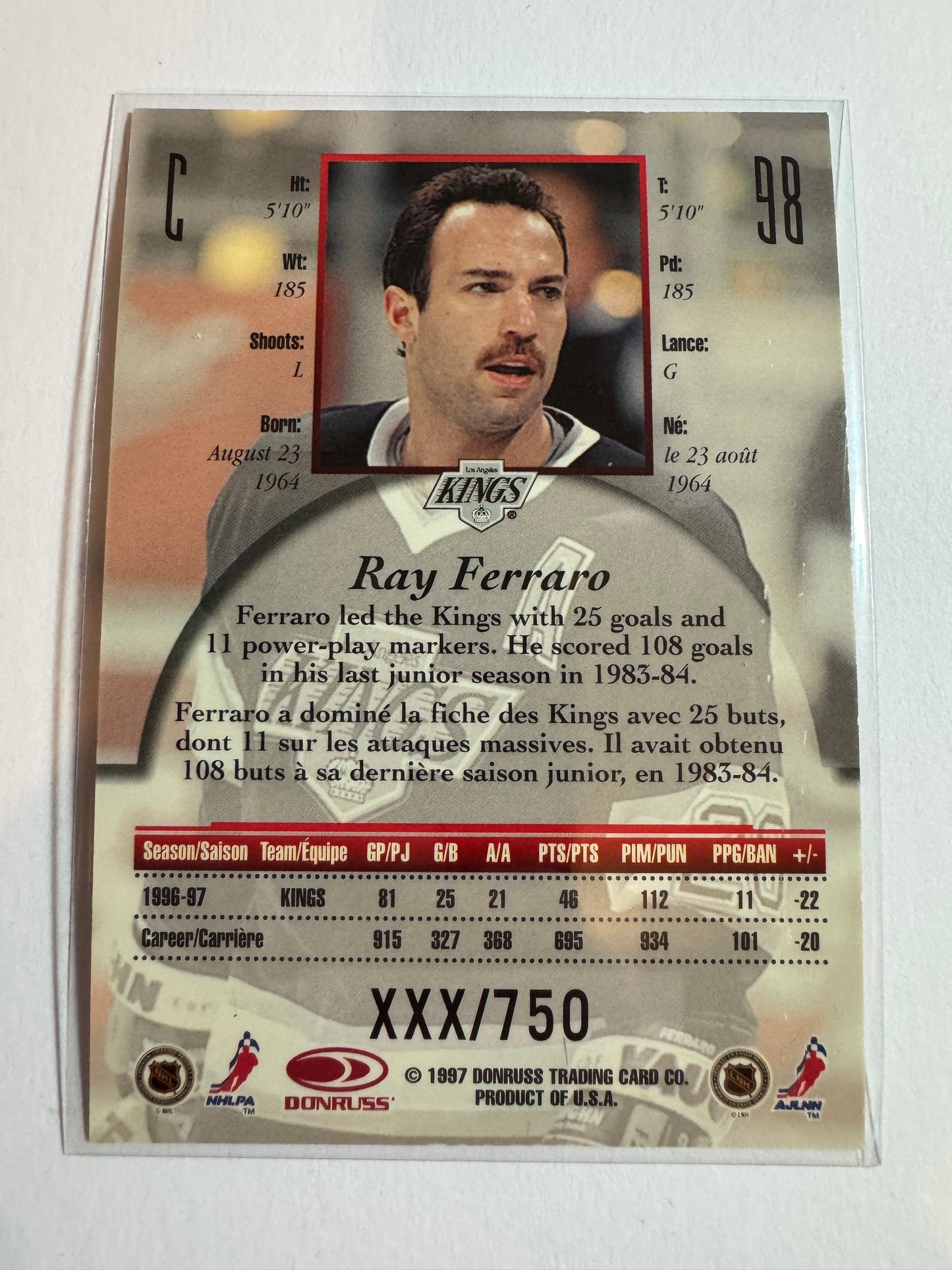 RAY FERRARO - 1996 Donruss Canadian Ice Provincial Series #98, xxx/750