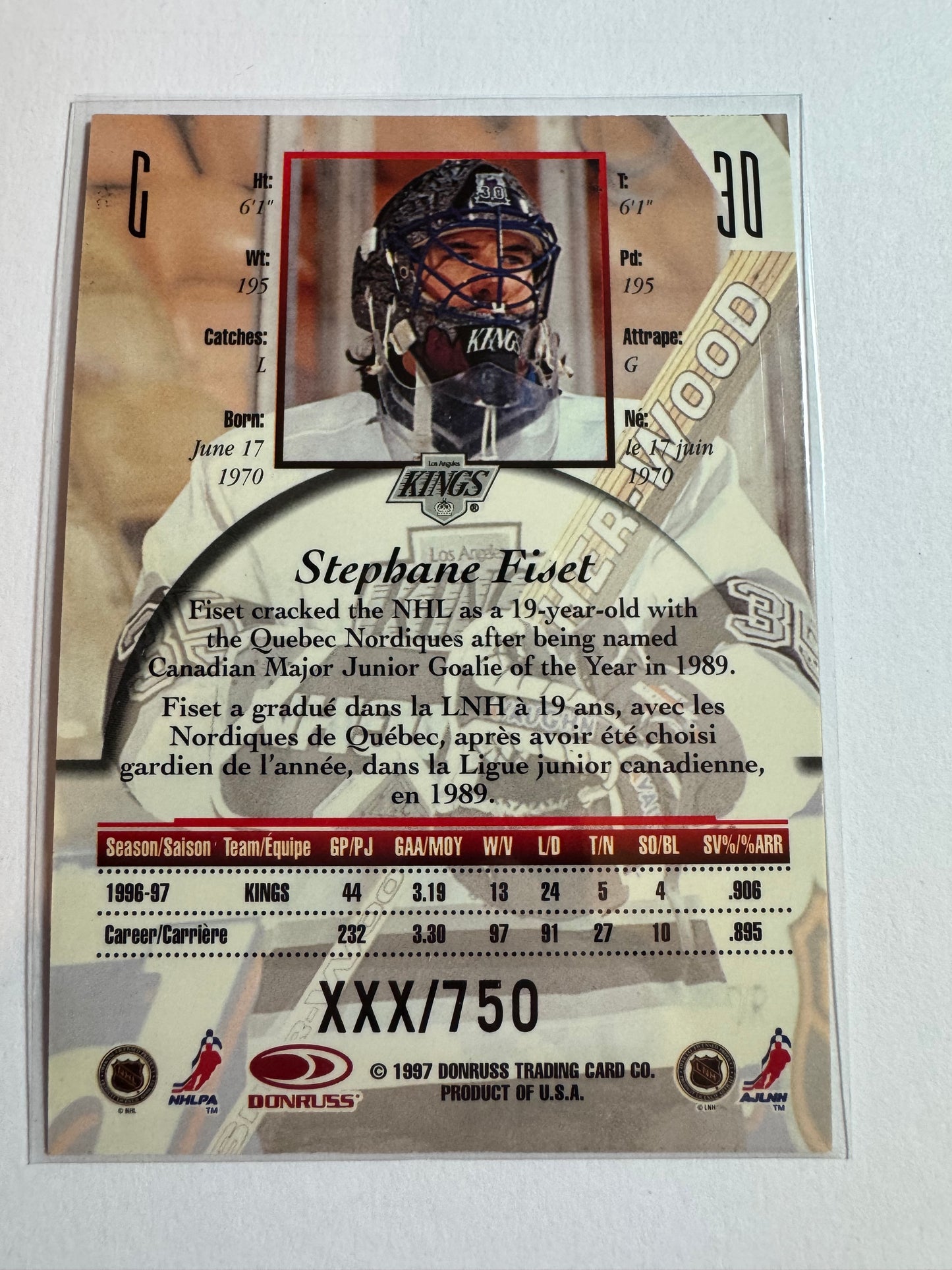 STEPHANE FISET - 1997 Donruss Canadian Ice Provincial Series #30, xxx/750
