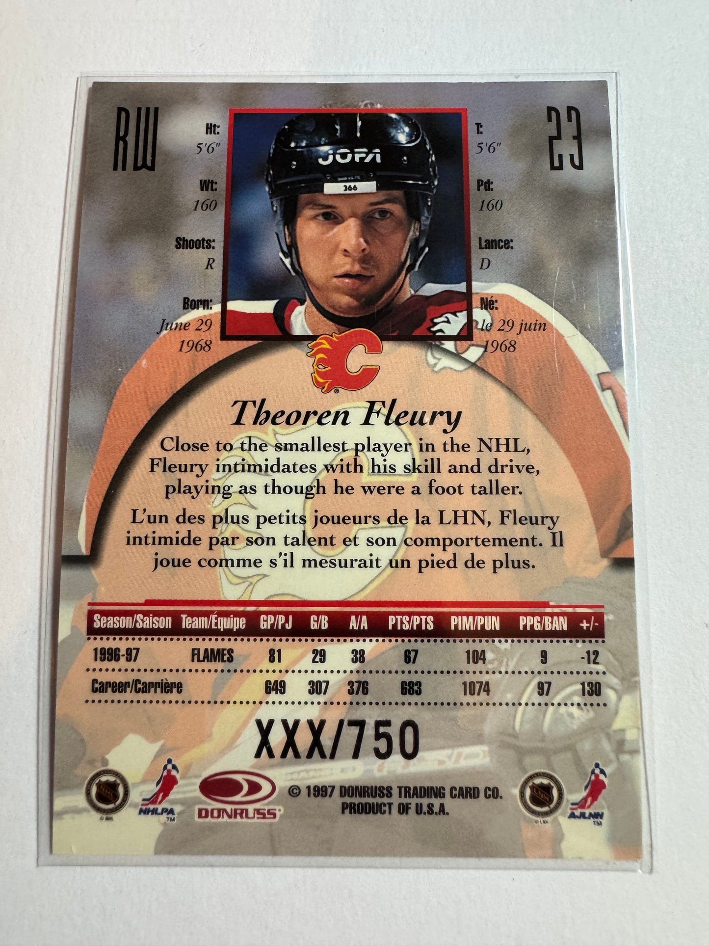 THEOREN FLEURY - 1997 Donruss Canadian Ice Provincial Series #23, xxx/750