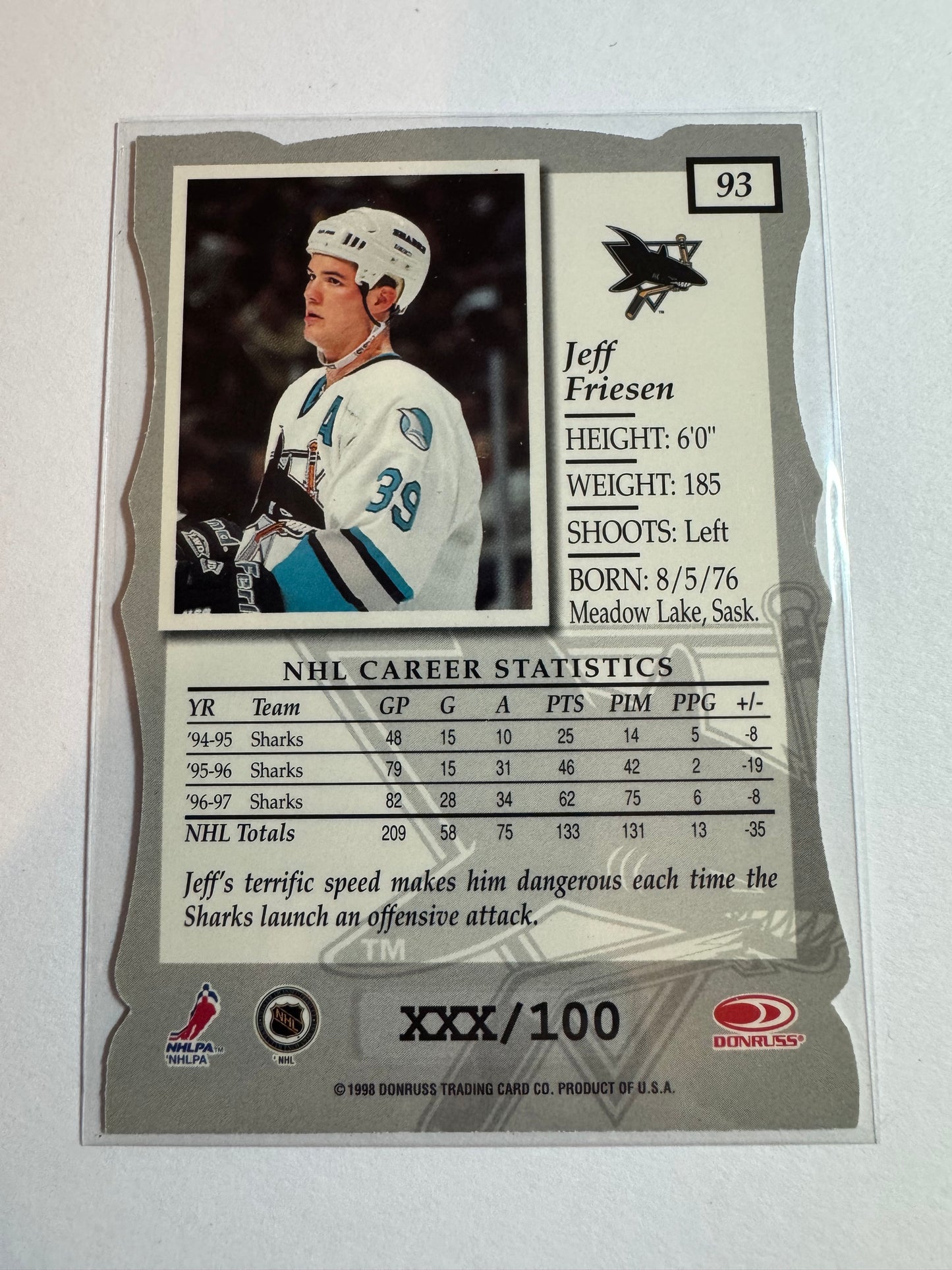 JEFF FRIESEN - 1997 Donruss Elite Status Die Cut #93, xxx/100