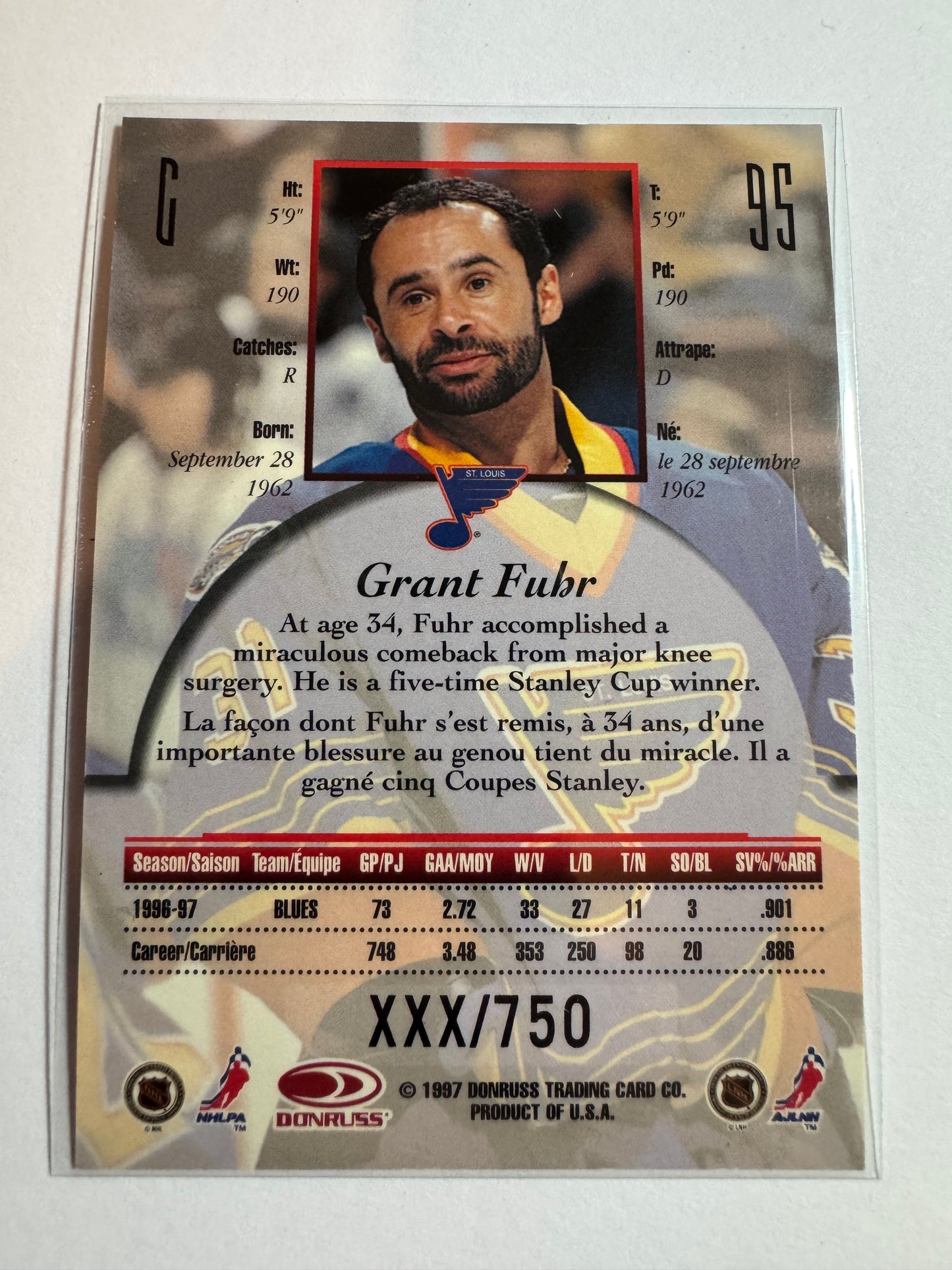 GRANT FUHR - 1997 Donruss Canadian Ice Provincial Series #95, xxx/750