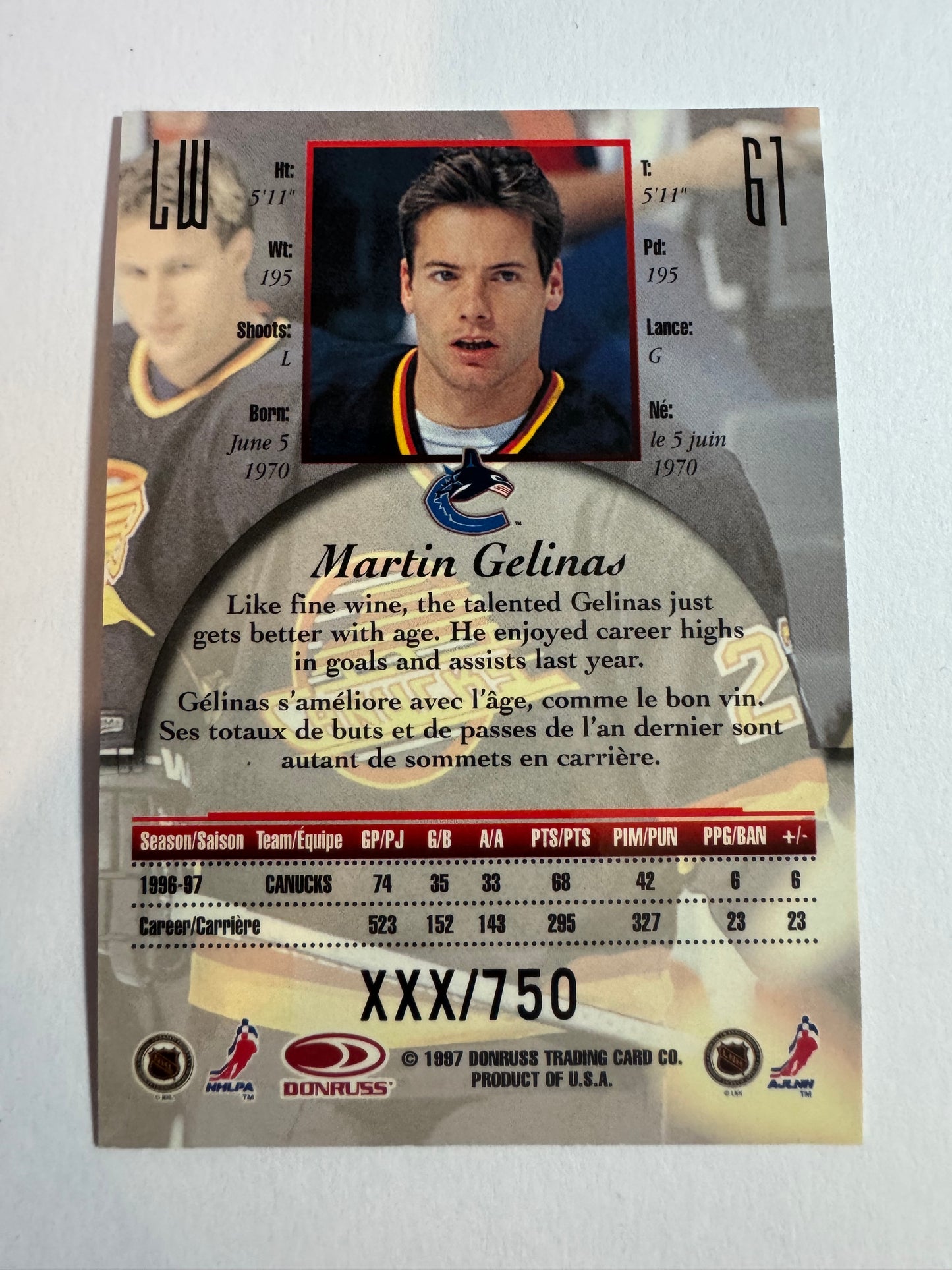 MARTIN GELINAS - 1997 Donruss Canadian Ice Provincial Series #61, xxx/750