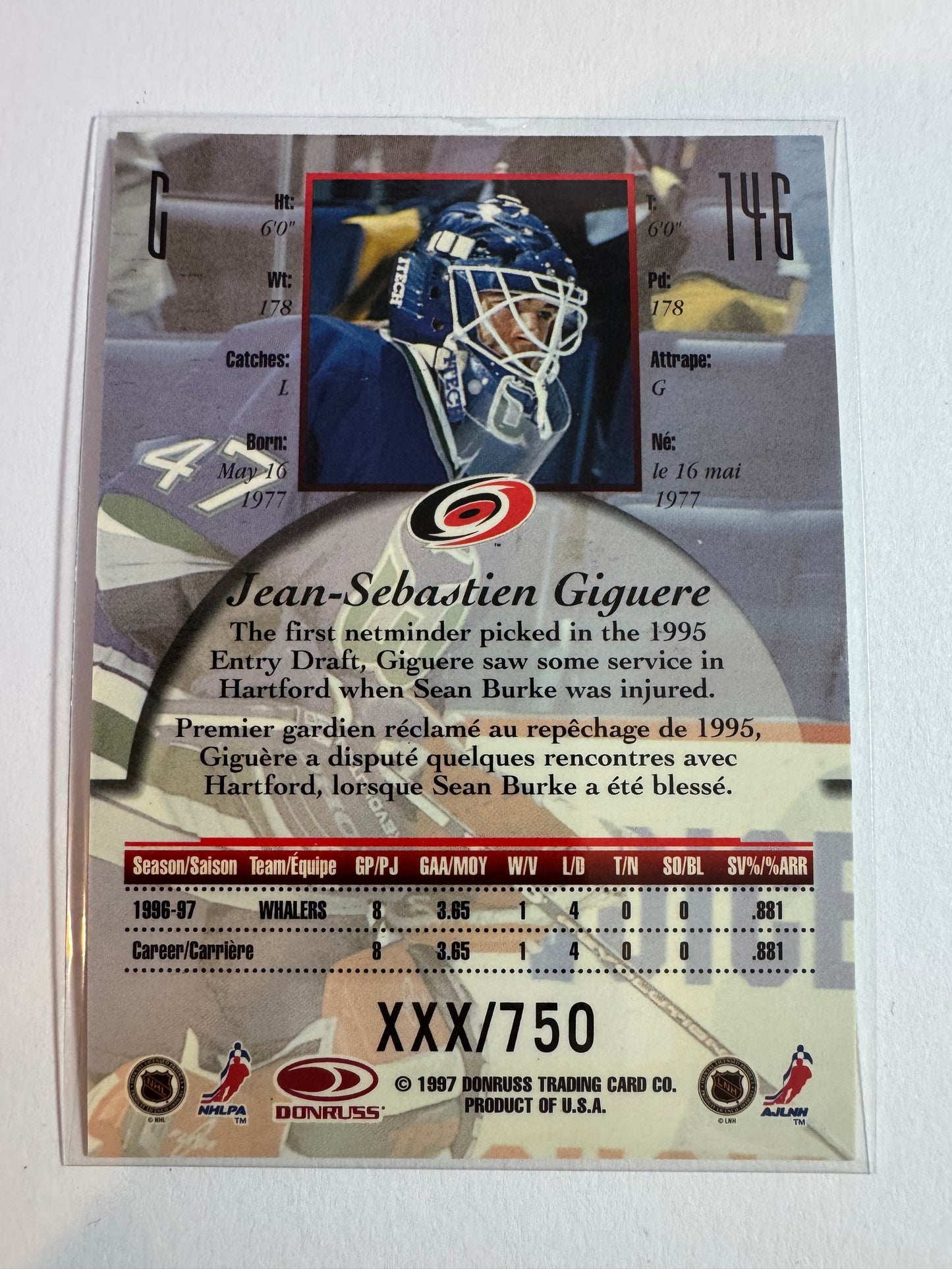 JEAN-SEBASTIEN GIGUERE - 1997 Donruss Canadian Ice Provincial Series #146, xxx/750