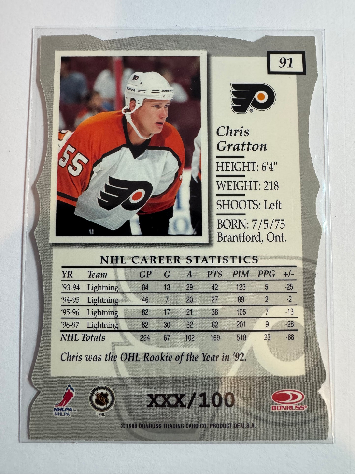 CHRIS GRATTON - 1997 Donruss Elite Status Die Cut #91, xxx/100