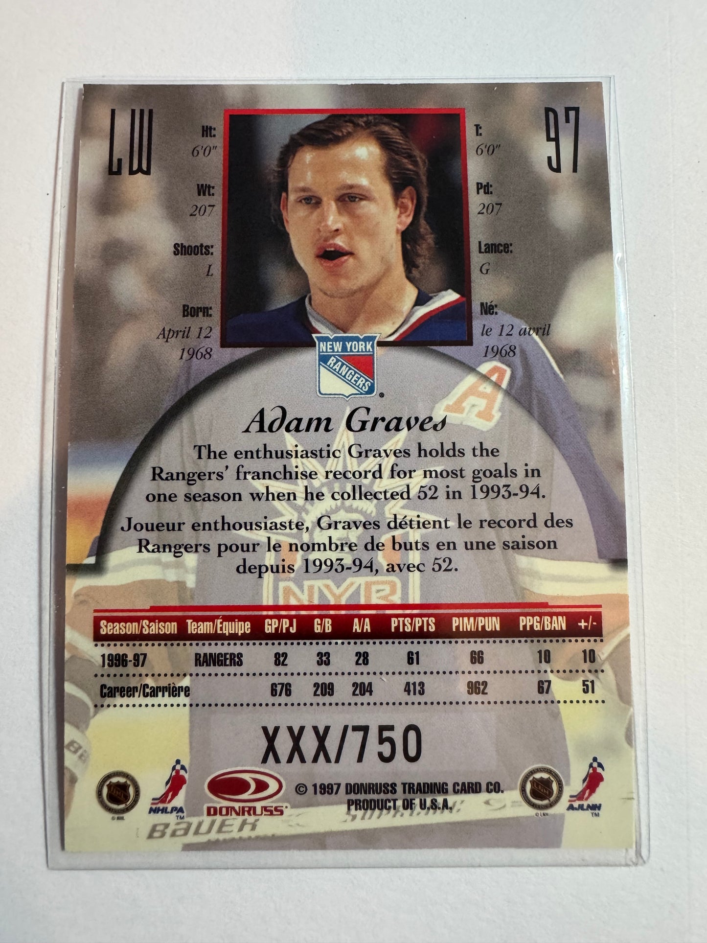 ADAM GRAVES - 1997 Donruss Canadian Ice Provincial Series #97, xxx/750