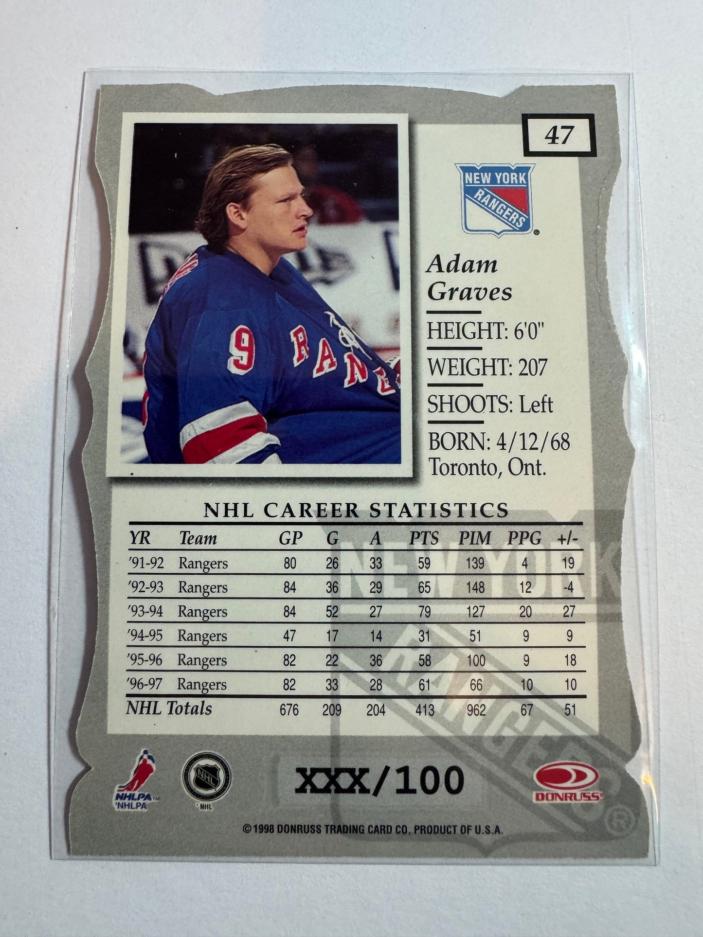 ADAM GRAVES - 1997 Donruss Elite Status Die Cut #47, xxx/100