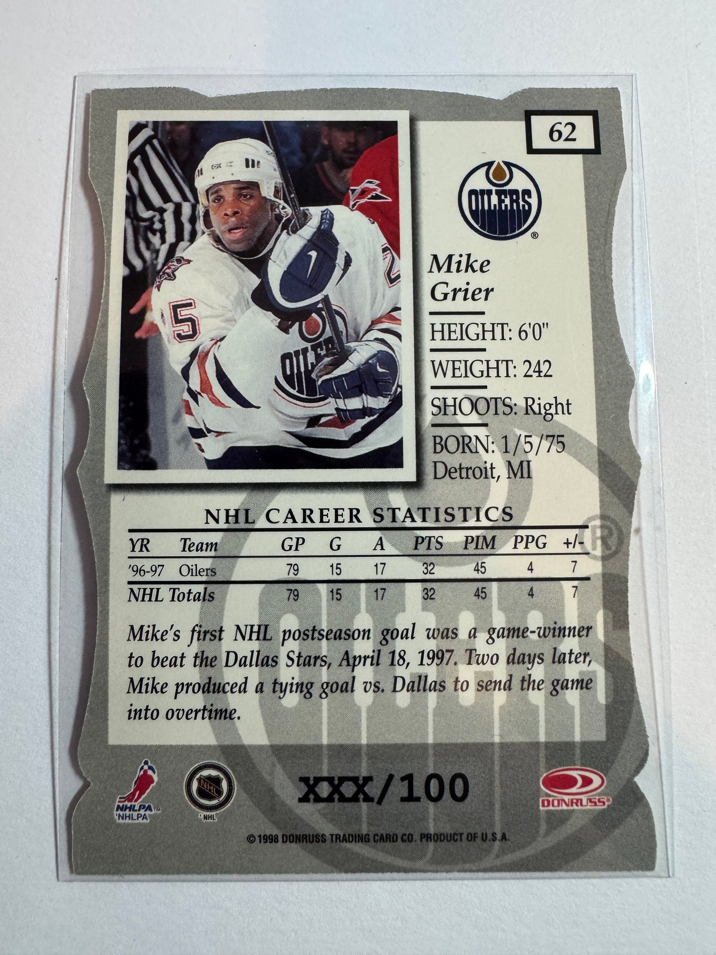 MIKE GRIER - 1997 Donruss Elite Status Die Cut #62, xxx/100