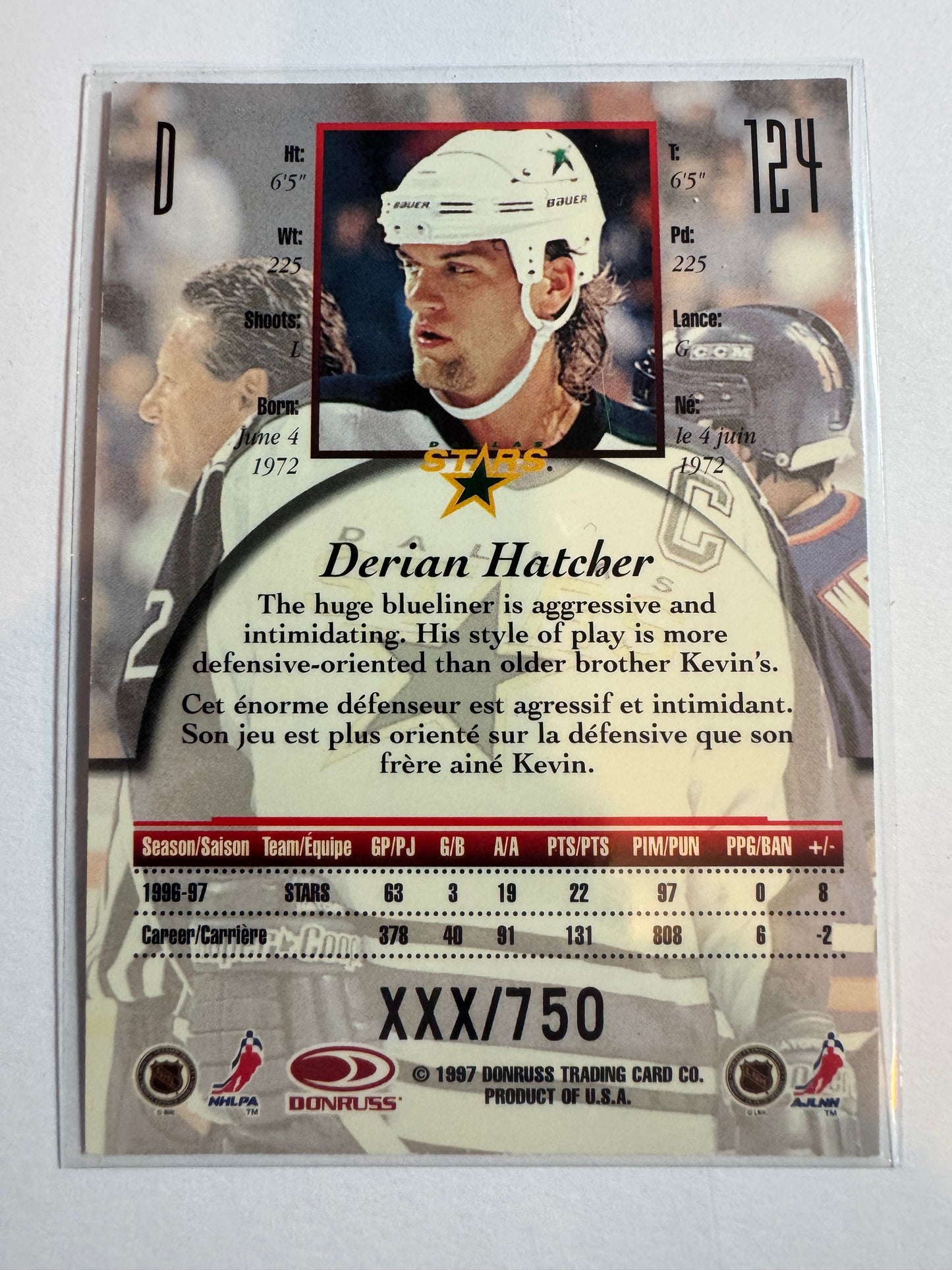 DERIAN HATCHER - 1997 Donruss Canadian Ice Provincial Series #124, xxx/750