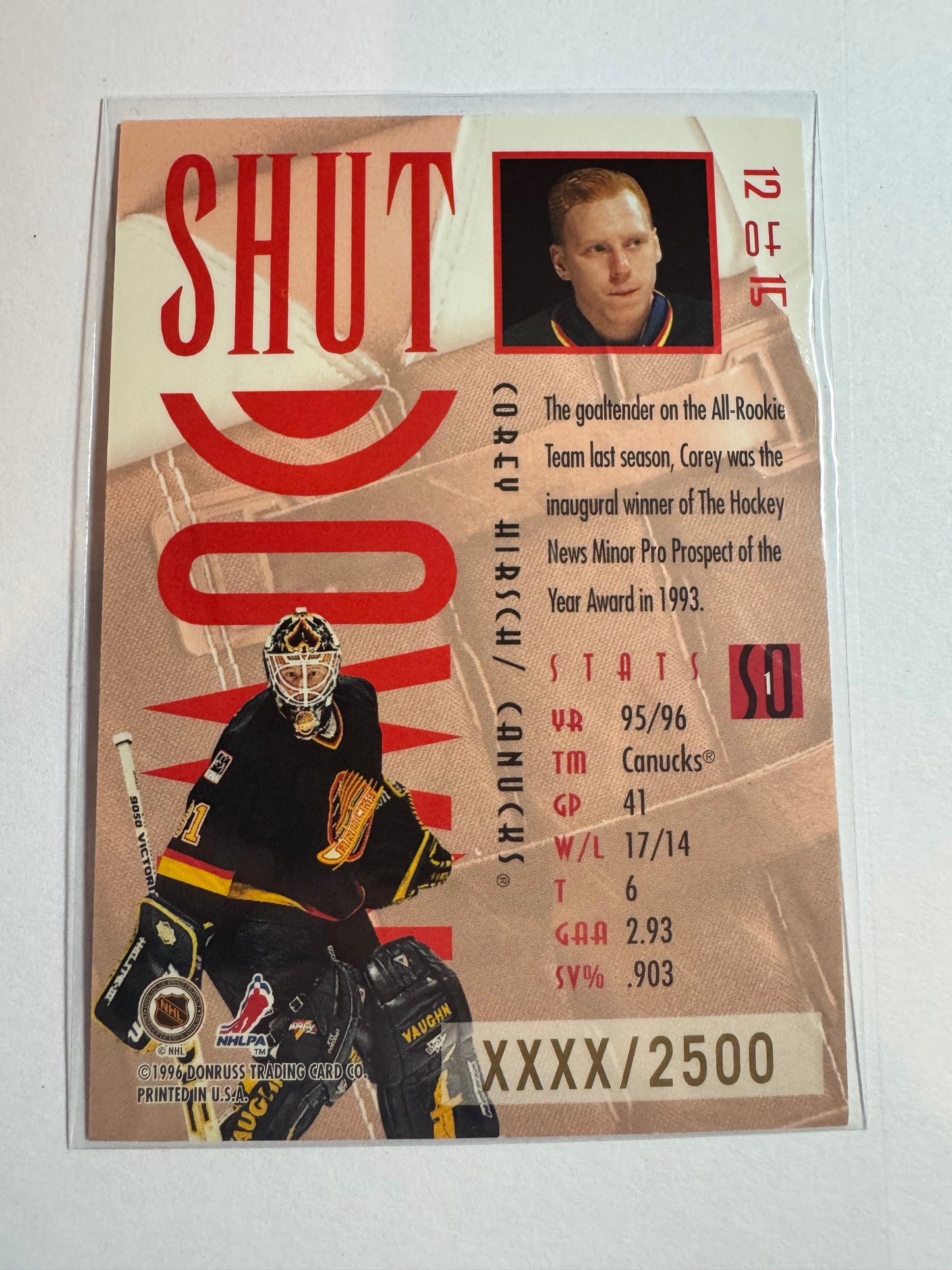 COREY HIRSCH - 1996 Donruss Leaf Shut Down #12, xxxx/2500