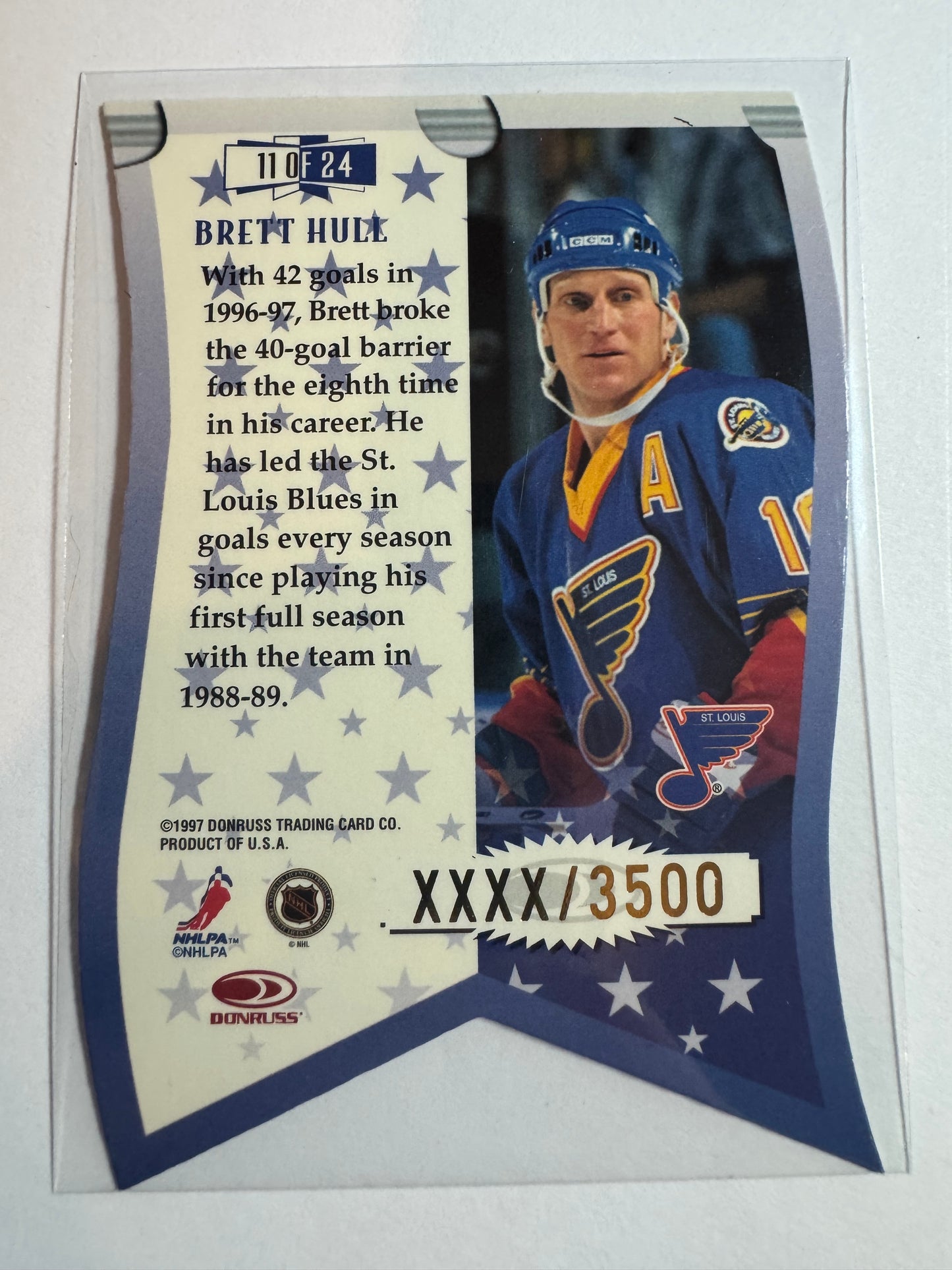 BRETT HULL - 1997 Donruss Leaf Banner Year Die Cut #11, xxxx/3500