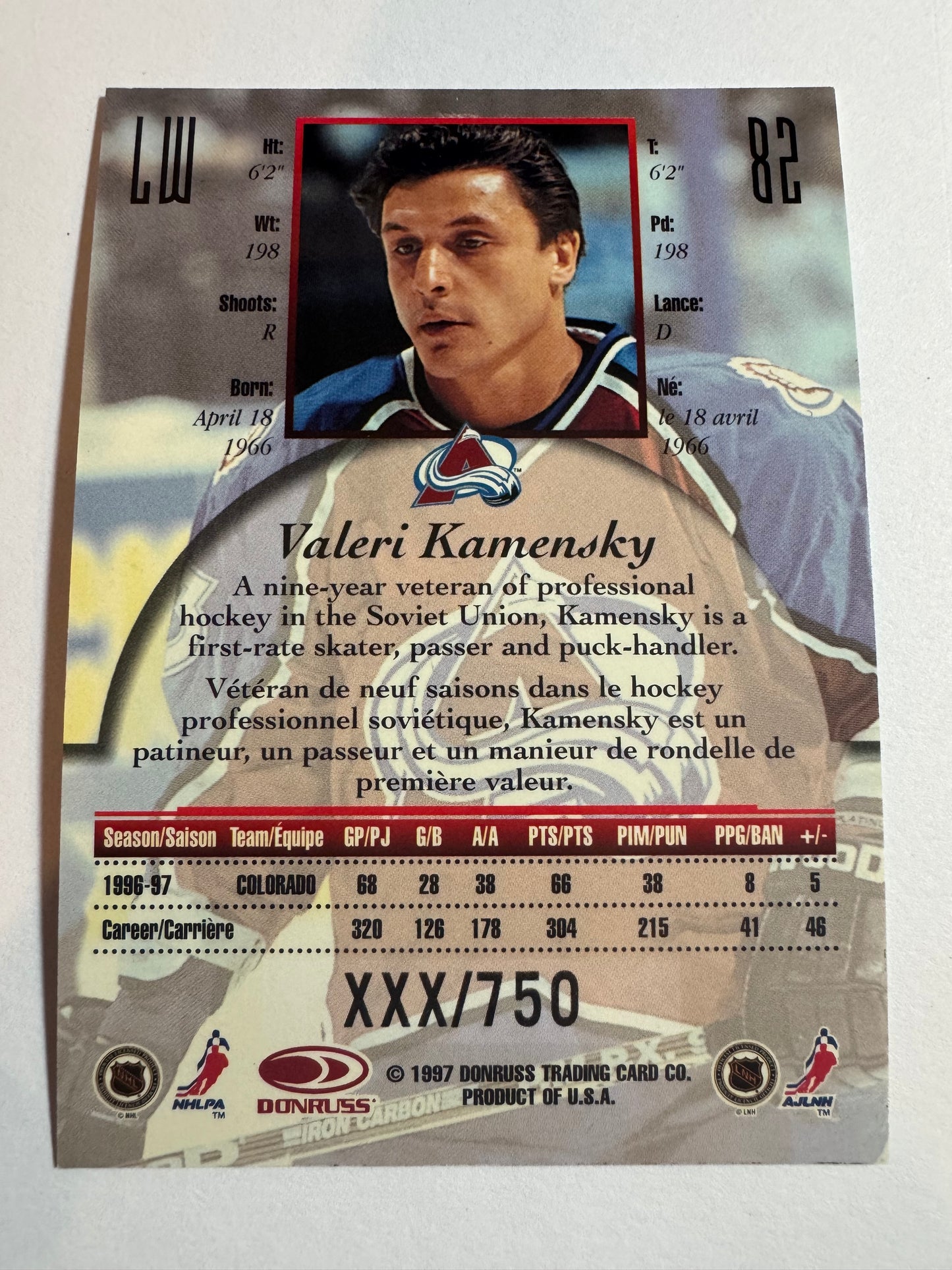 VALERI KAMENSKY - 1997 Donruss Canadian Ice Provincial Series #82, xxx/750