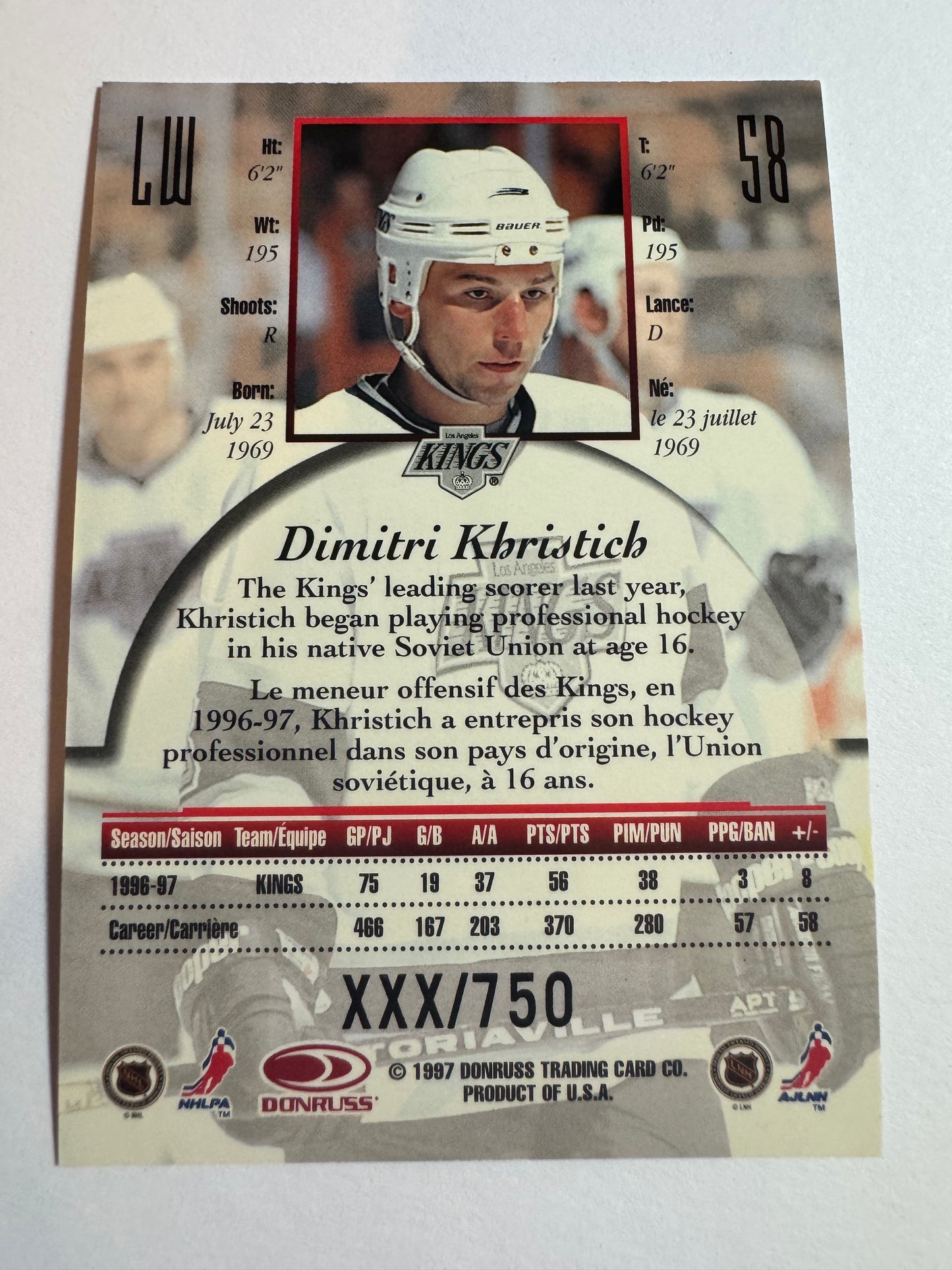 DIMITRI KHRISTICH - 1997 Donruss Canadian Ice Provincial Series #58, xxx/750