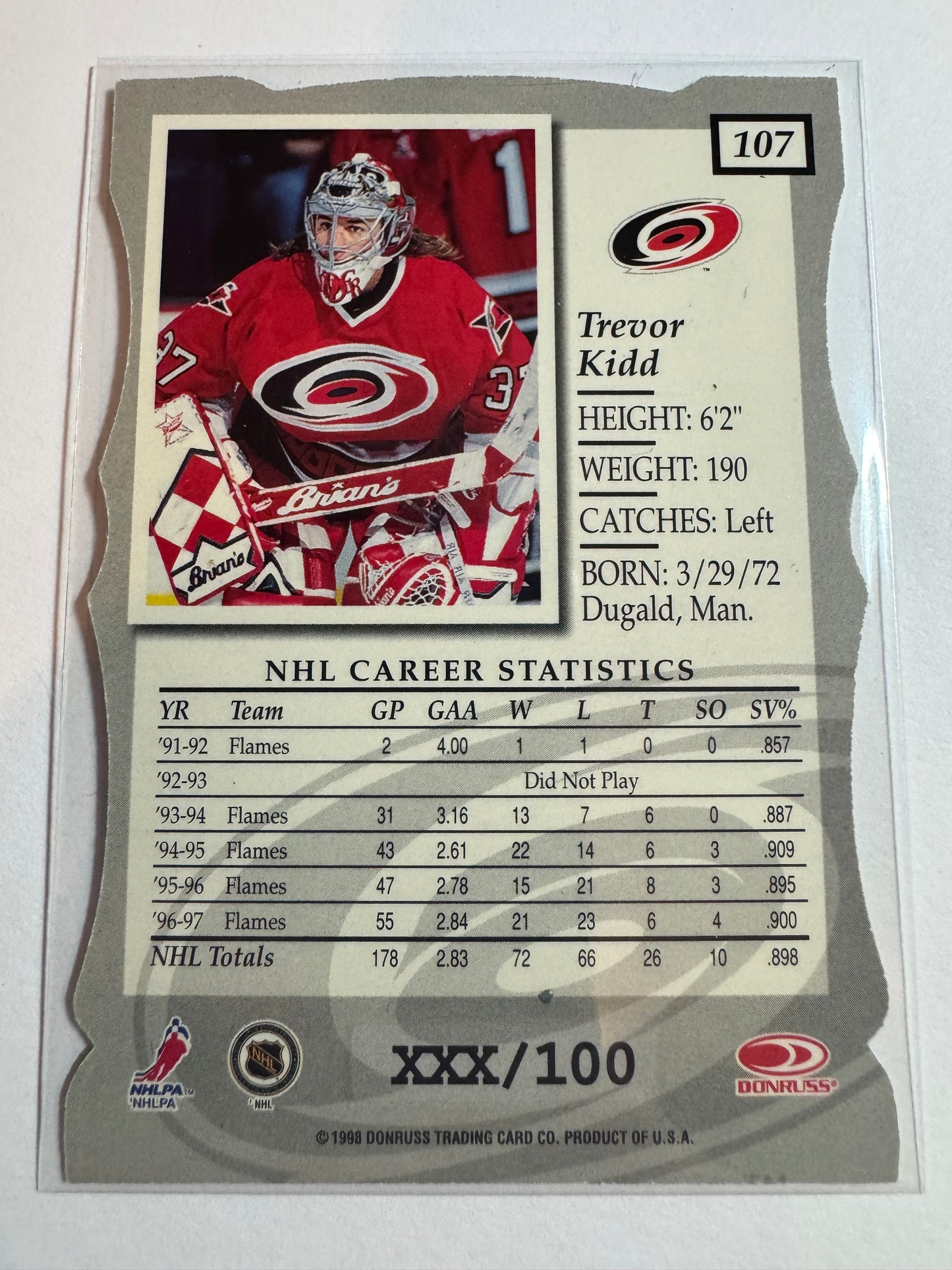 TREVOR KIDD - 1997 Donruss Elite Status Die Cut #107, xxx/100