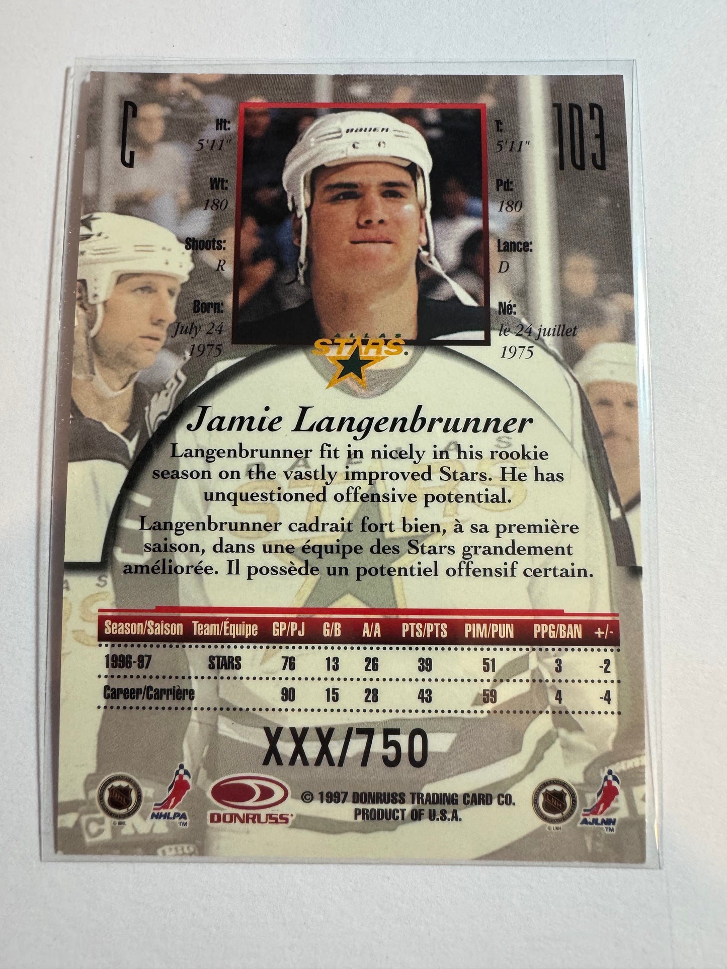 JAMIE LANGENBRUNNER - 1997 Donruss Canadian Ice Provincial Series #103, xxx/750