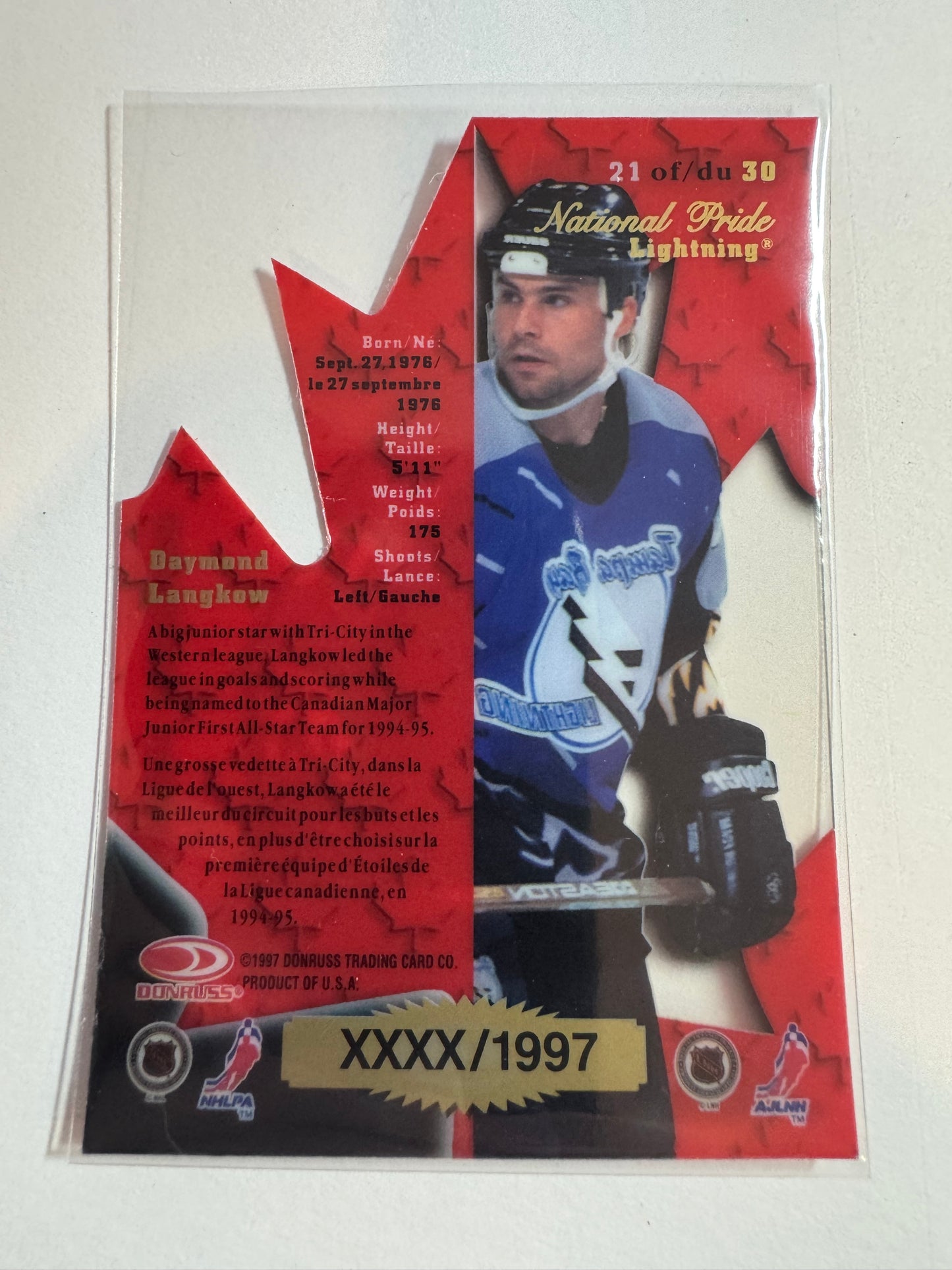 DAYMOND LANGKOW - 1997 Donruss Canadian Ice National Pride Clear Cut Die Cut #21, xxxx/1997