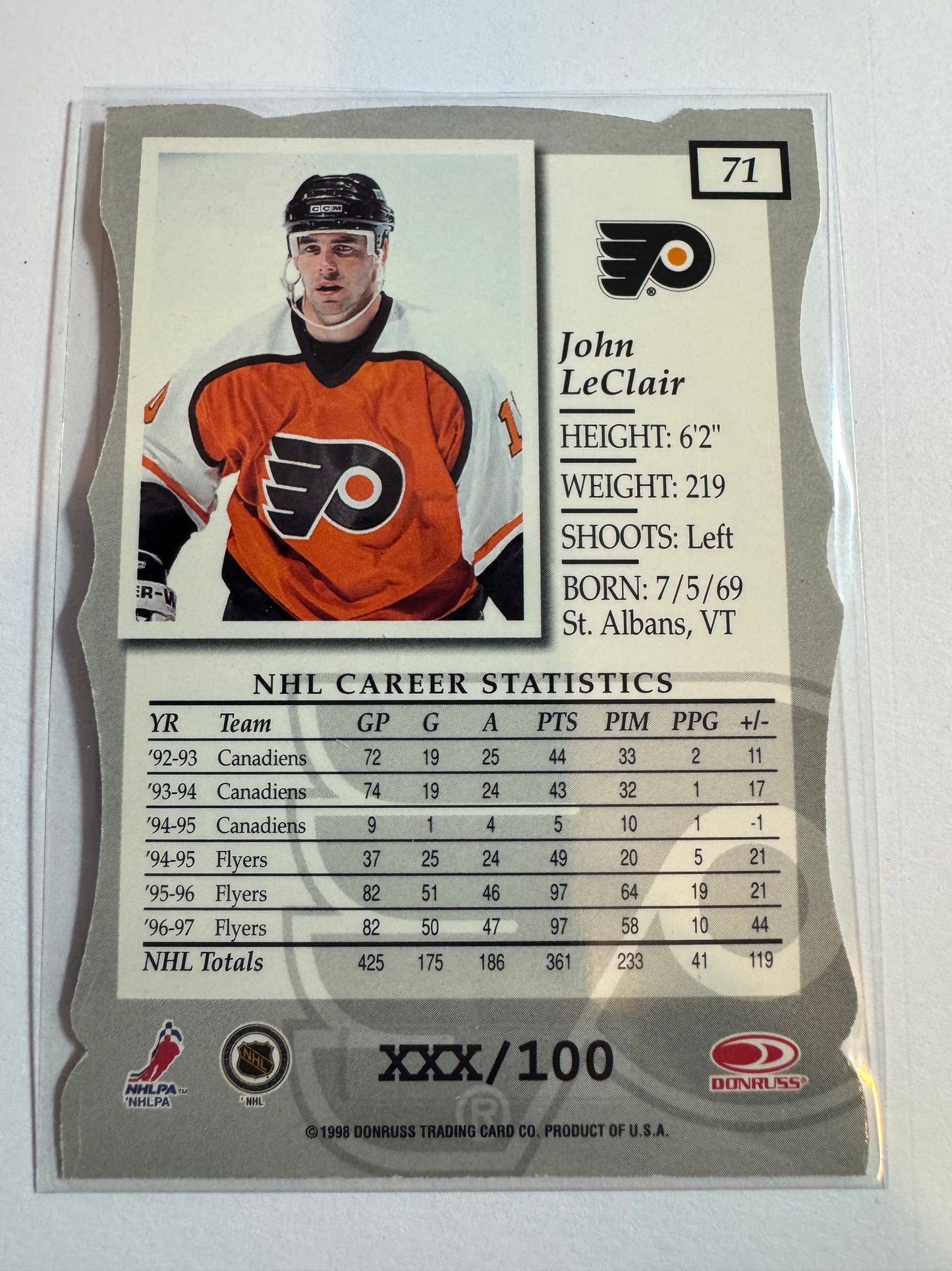 JOHN LECLAIR - 1997 Donruss Elite Status Die Cut #71, xxx/100