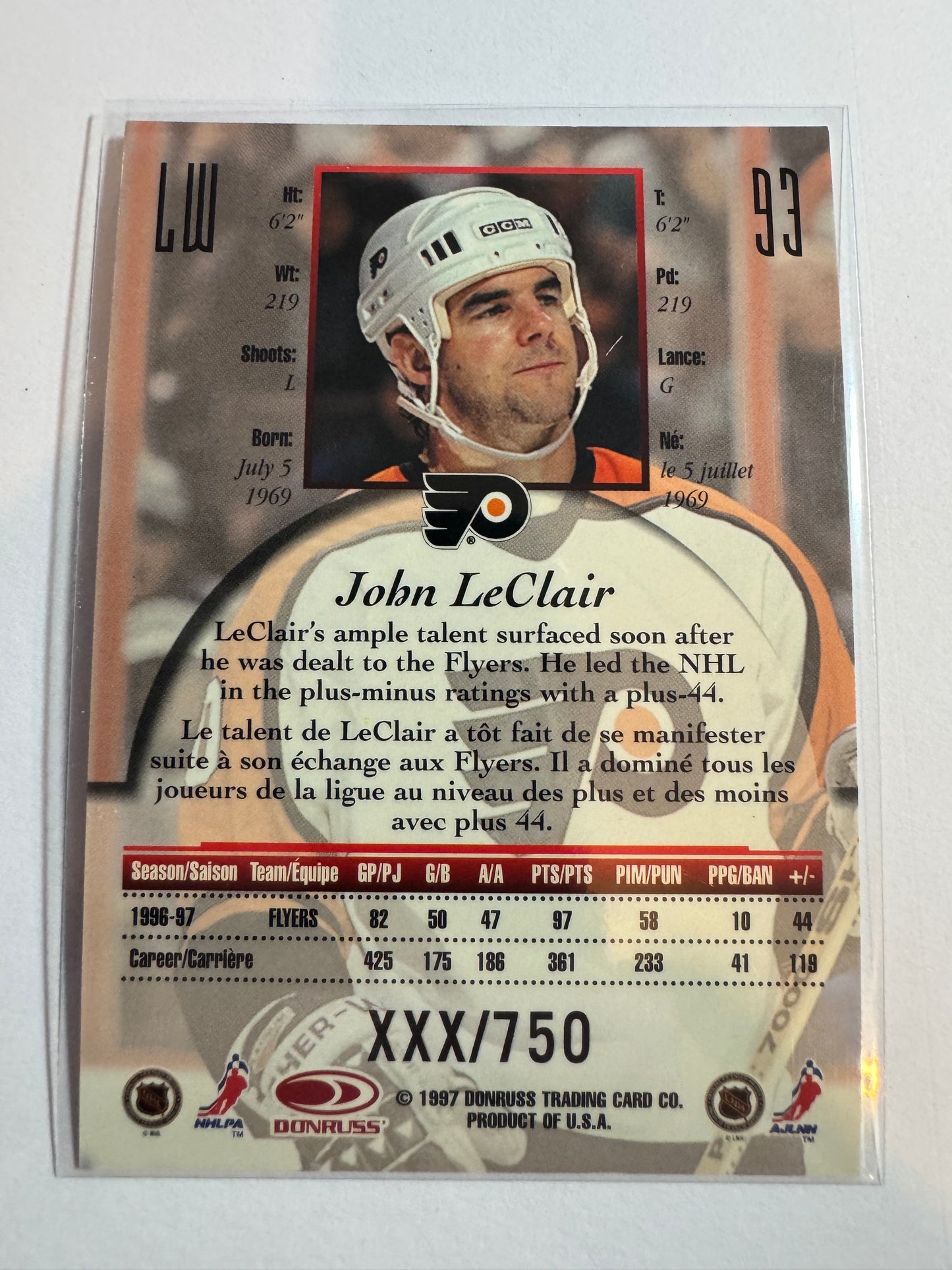 JOHN LECLAIR - 1997 Donruss Canadian Ice Provincial Series #93, xxx/750