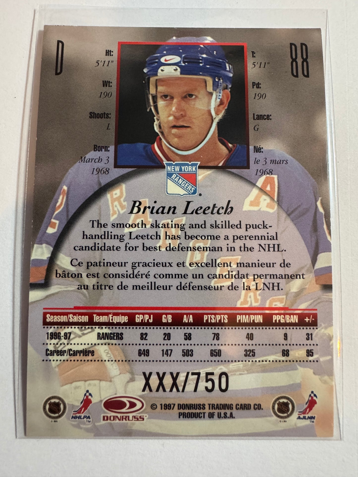 BRIAN LEETCH - 1997 Donruss Canadian Ice Provincial Series #88, xxx/750