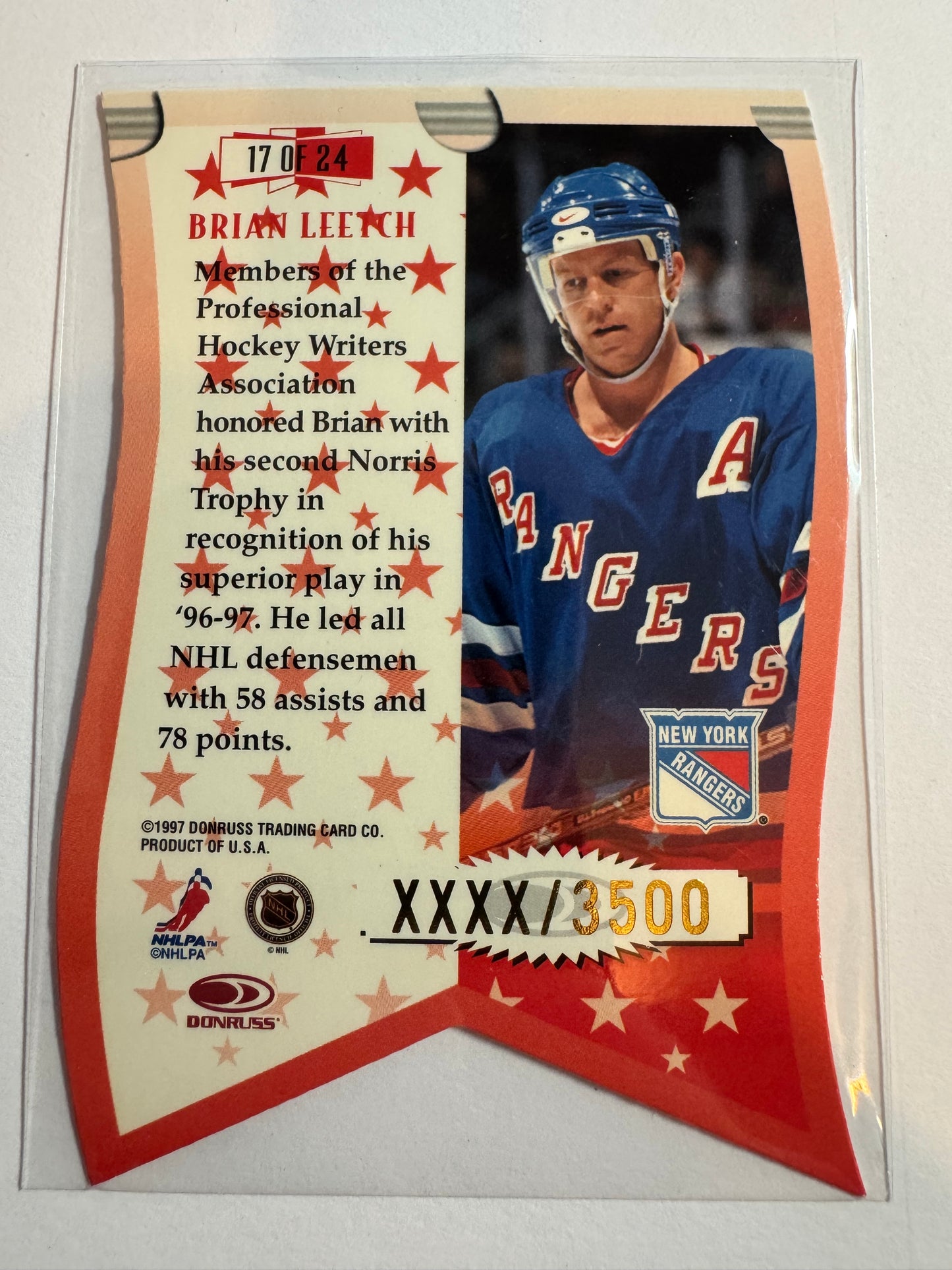 BRIAN LEETCH - 1997 Donruss Leaf Banner Season Die Cut #17, xxxx/3500