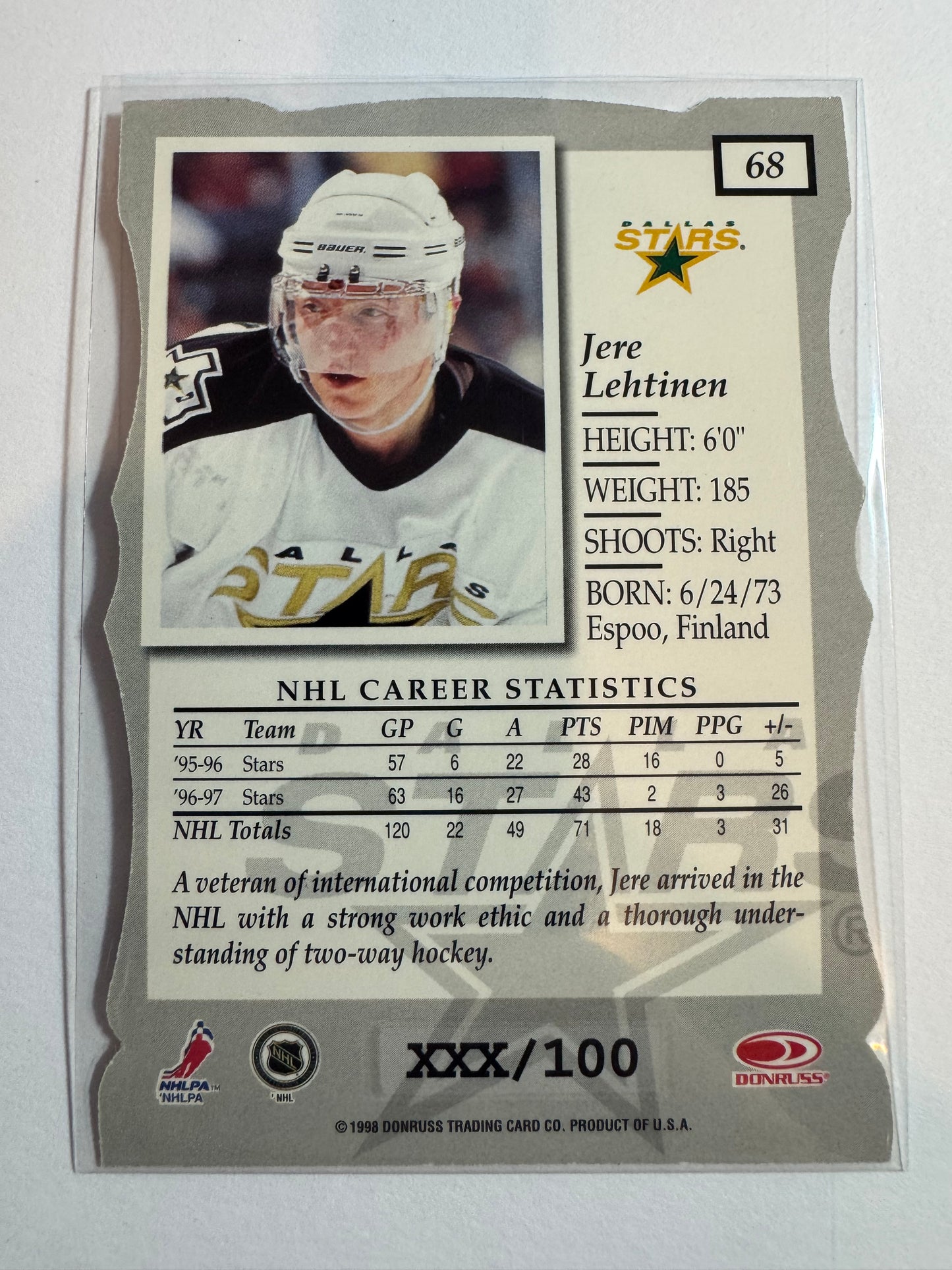 JERE LEHTINEN - 1997 Donruss Elite Status Die Cut #68, xxx/100