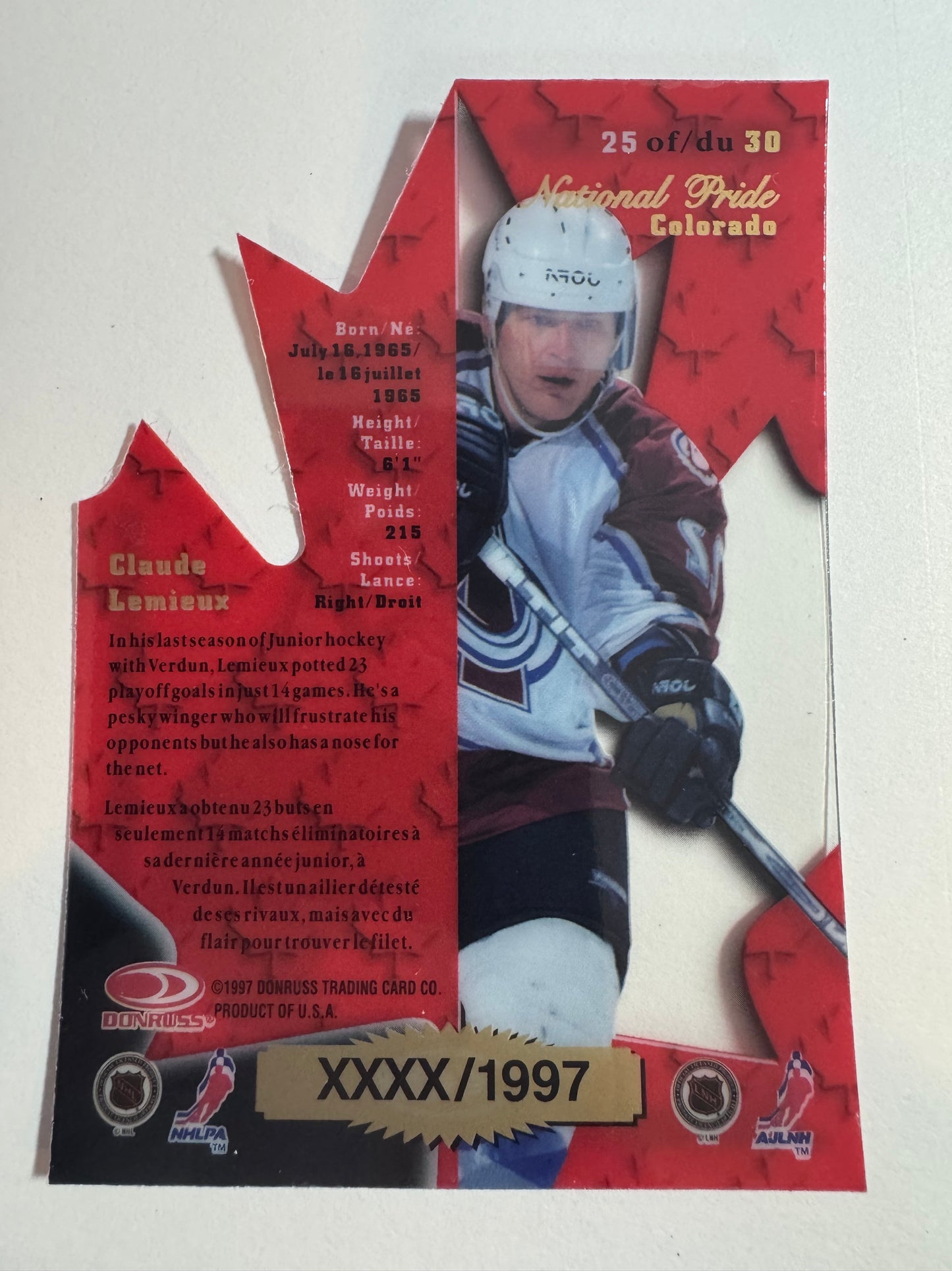 CLAUDE LEMIEUX - 1997 Donruss Canadian Ice National Pride Clear Cut Die Cut #25, xxxx/1997