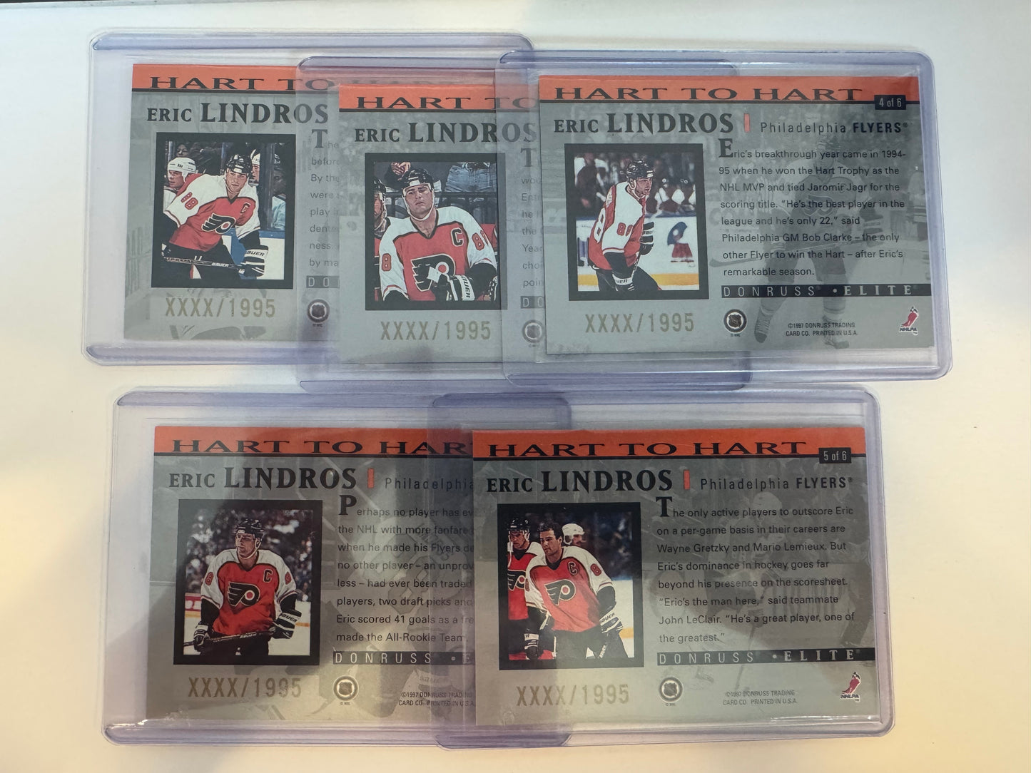 ERIC LINDROS - 1996 Donruss Elite Hart to Hart #1-5 (missing #6), xxxx/1995
