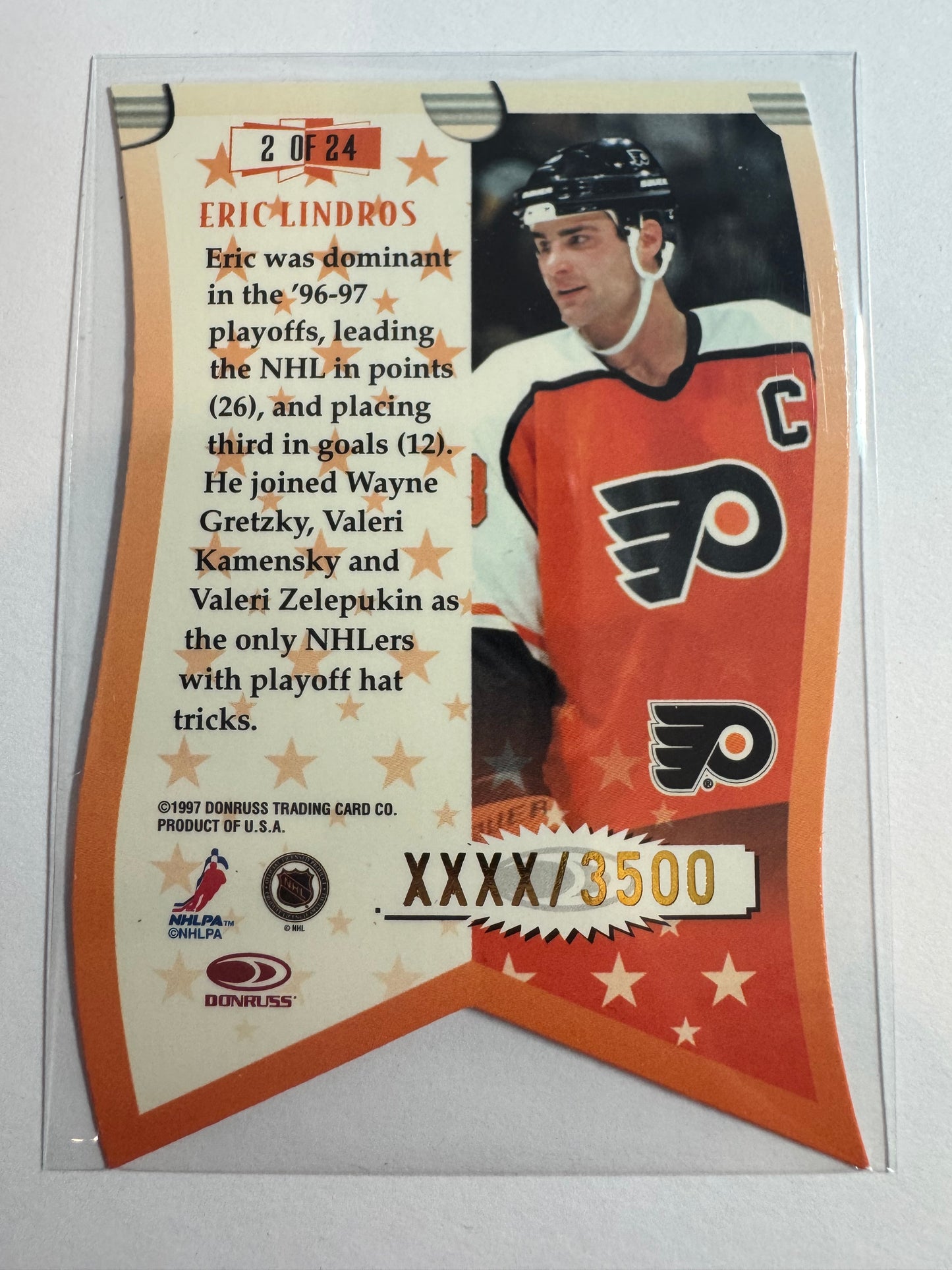 ERIC LINDROS - 1997 Donruss Leaf Banner Season Die Cut #2, xxxx/3500