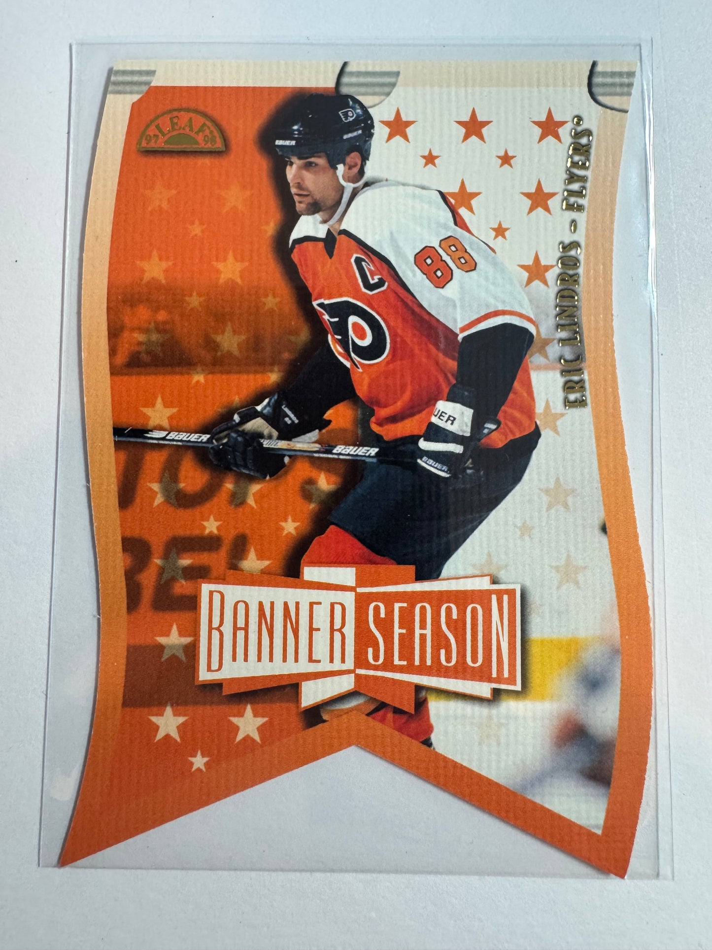 ERIC LINDROS - 1997 Donruss Leaf Banner Season Die Cut #2, xxxx/3500