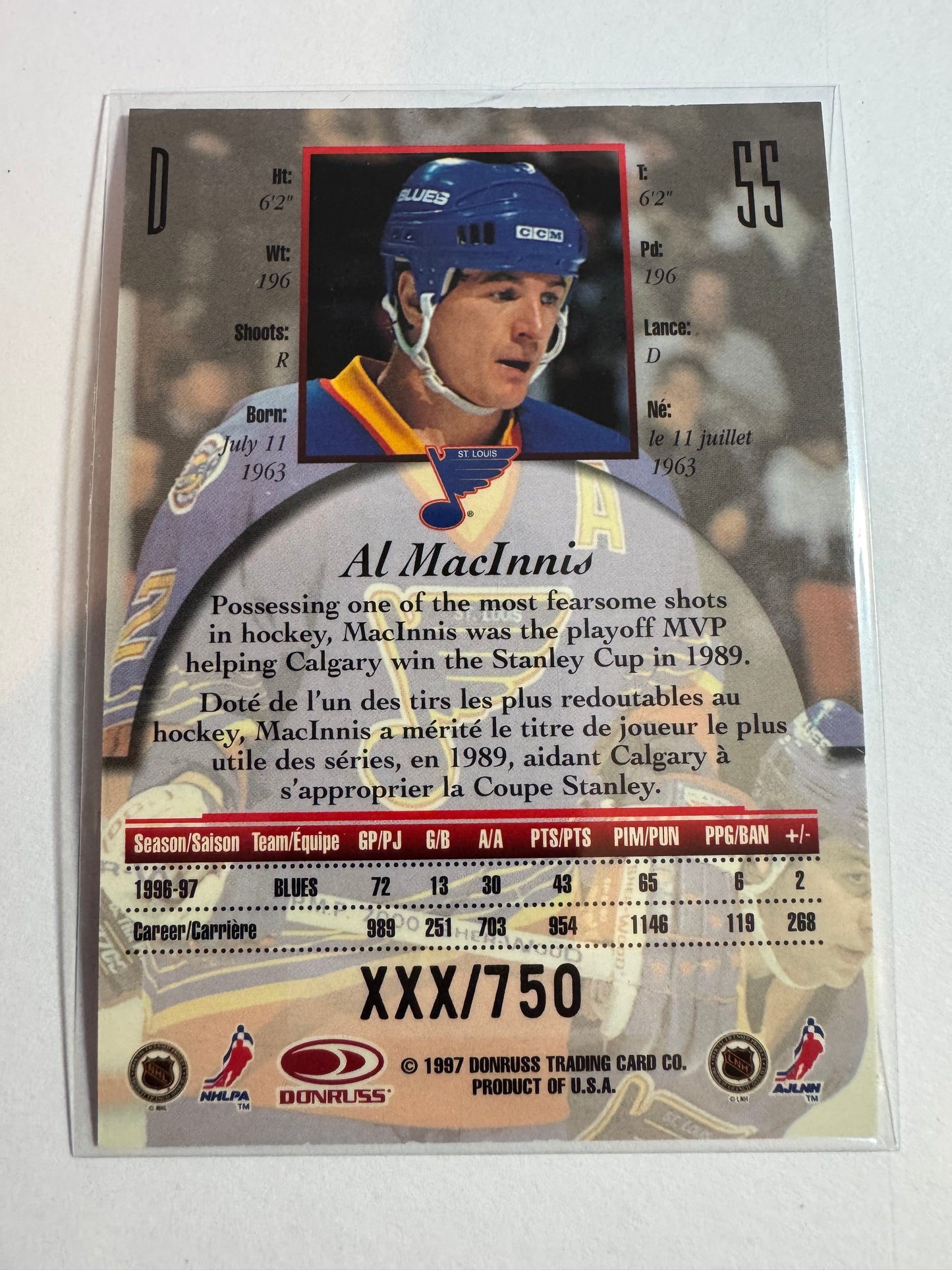 AL MACINNIS - 1997 Donruss Canadian Ice Provincial Series #55, xxx/750