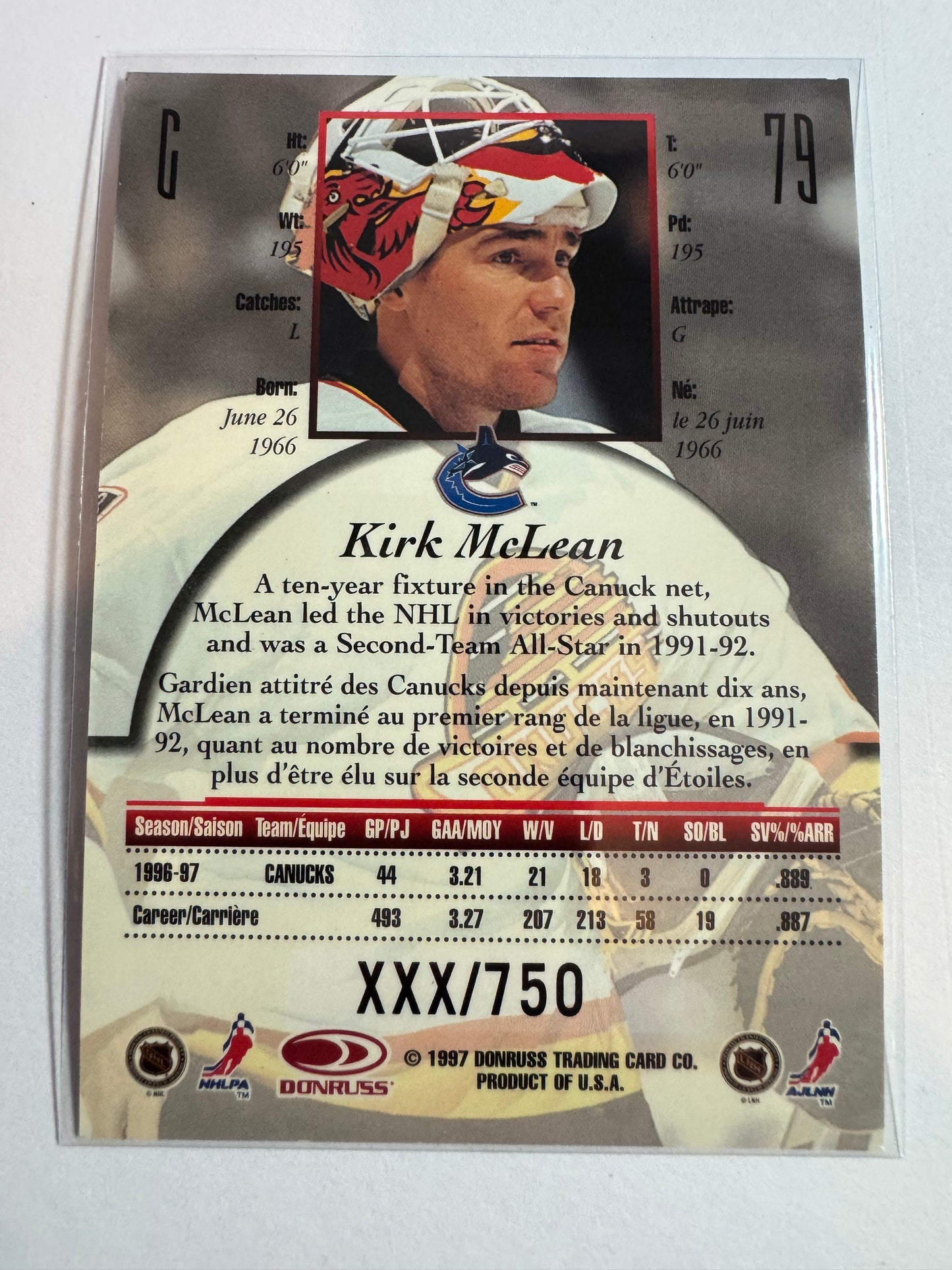 KIRK MCLEAN - 1997 Donruss Canadian Ice Provincial Series #79, xxx/750