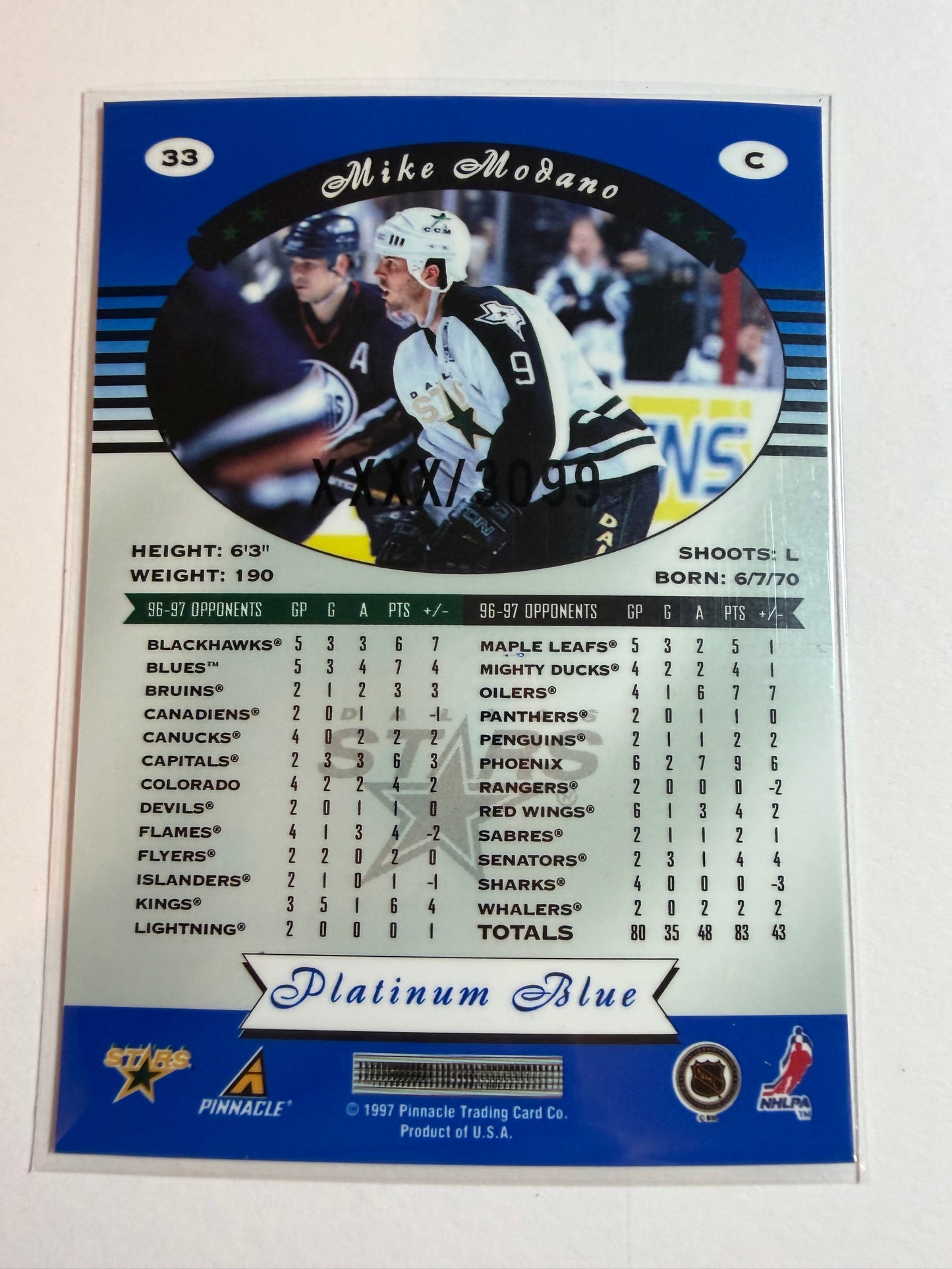 MIKE MODANO - 1997 Pinnacle Totally Certified Platinum Blue #33, xxxx/3099