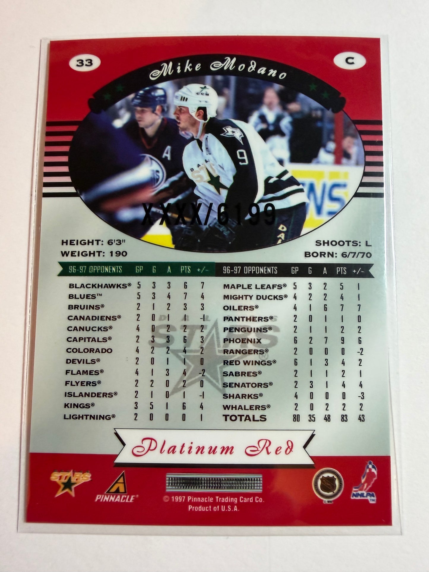 MIKE MODANO - 1997 Pinnacle Totally Certified Platinum Red #33, xxxx/6199