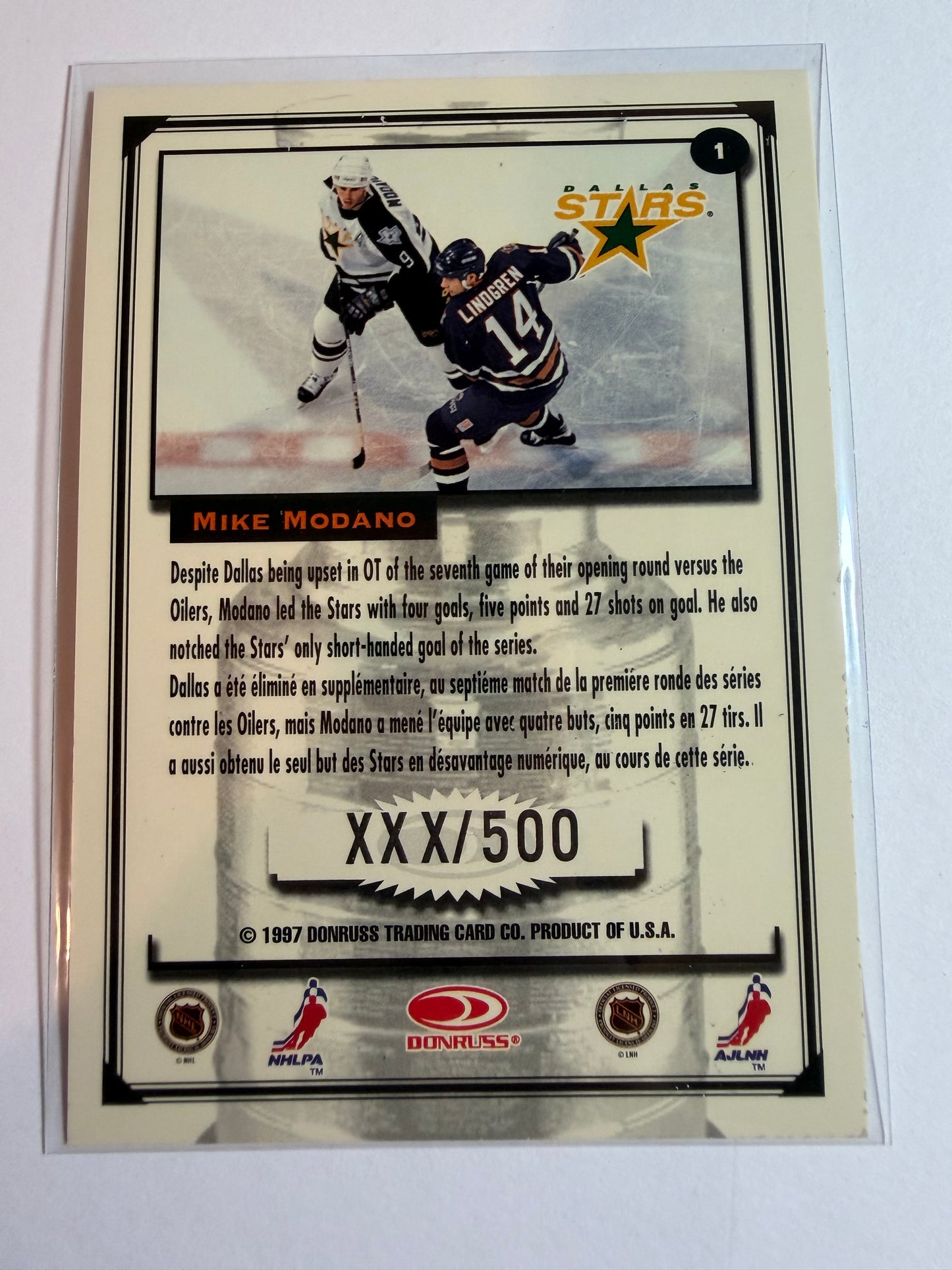MIKE MODANO - 1997 Donruss Canadian Ice Stanley Cup Scrapbook #1, xxx/500 (Surface Flaw)