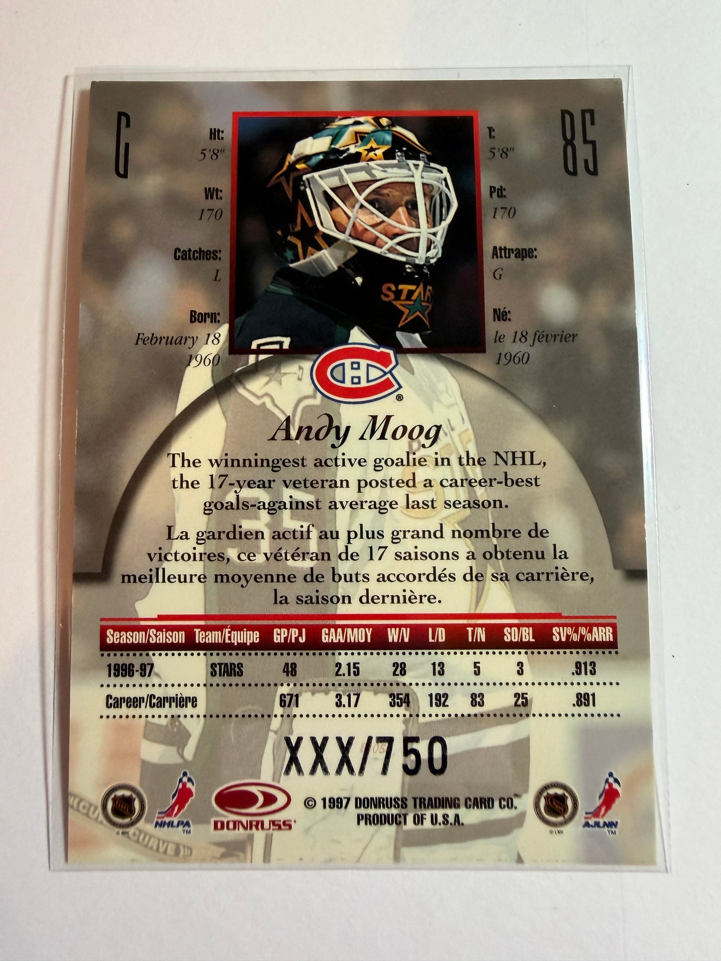 ANDY MOOG - 1997 Donruss Canadian Ice Provincial Series #85, xxx/750