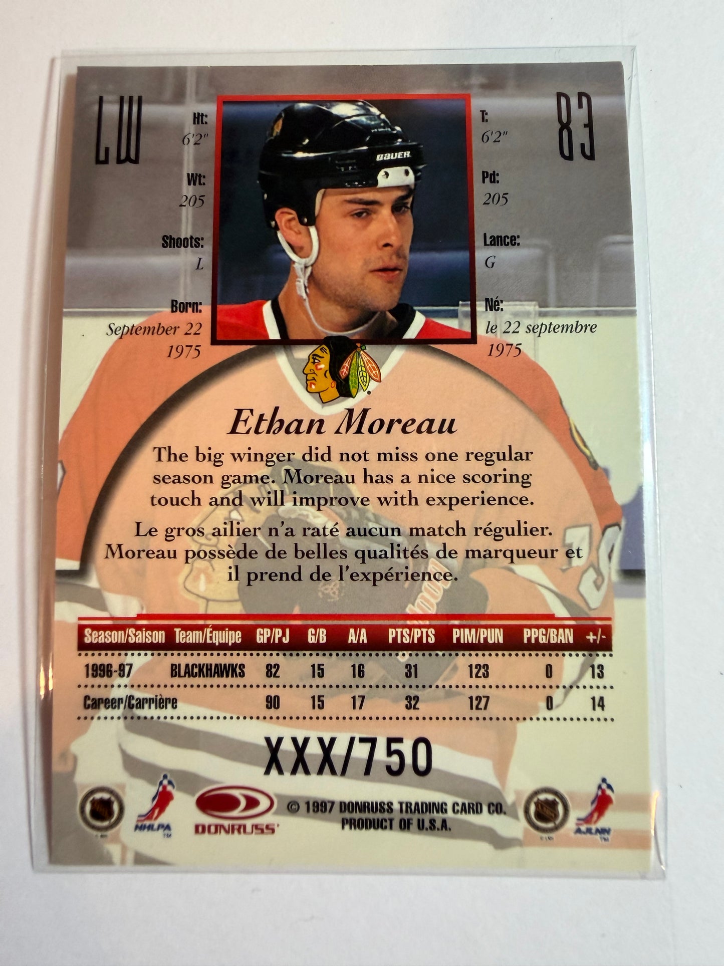 ETHAN MOREAU - 1997 Donruss Canadian Ice Provincial Series #83, xxx/750