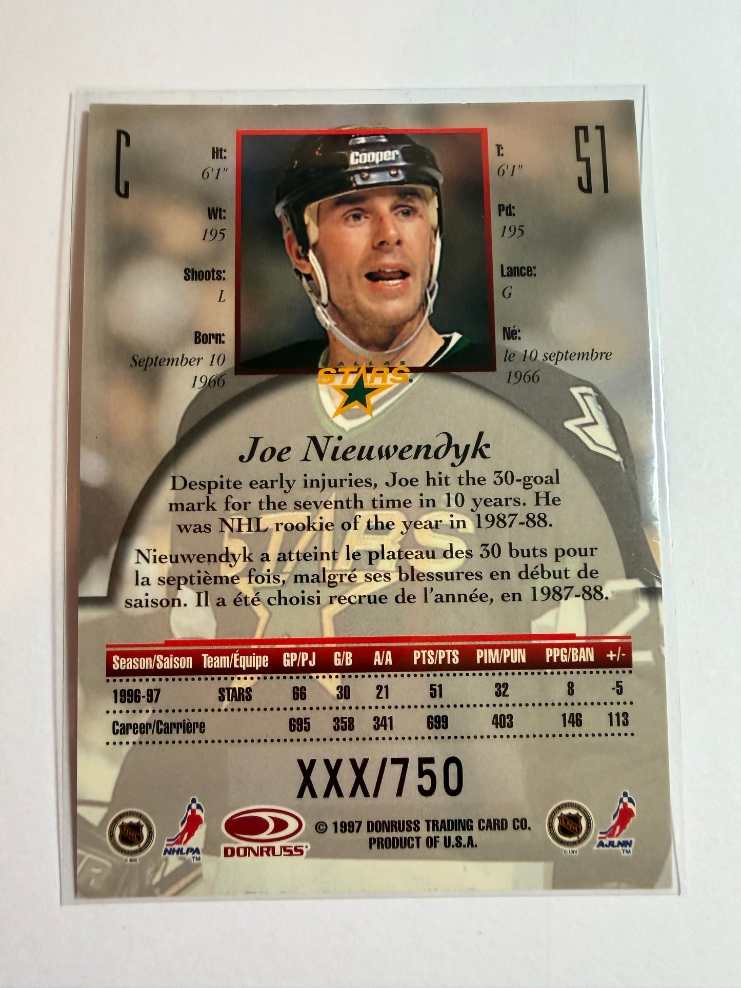 JOE NIEUWENDYK - 1997 Donruss Canadian Ice Provincial Series #51, xxx/750
