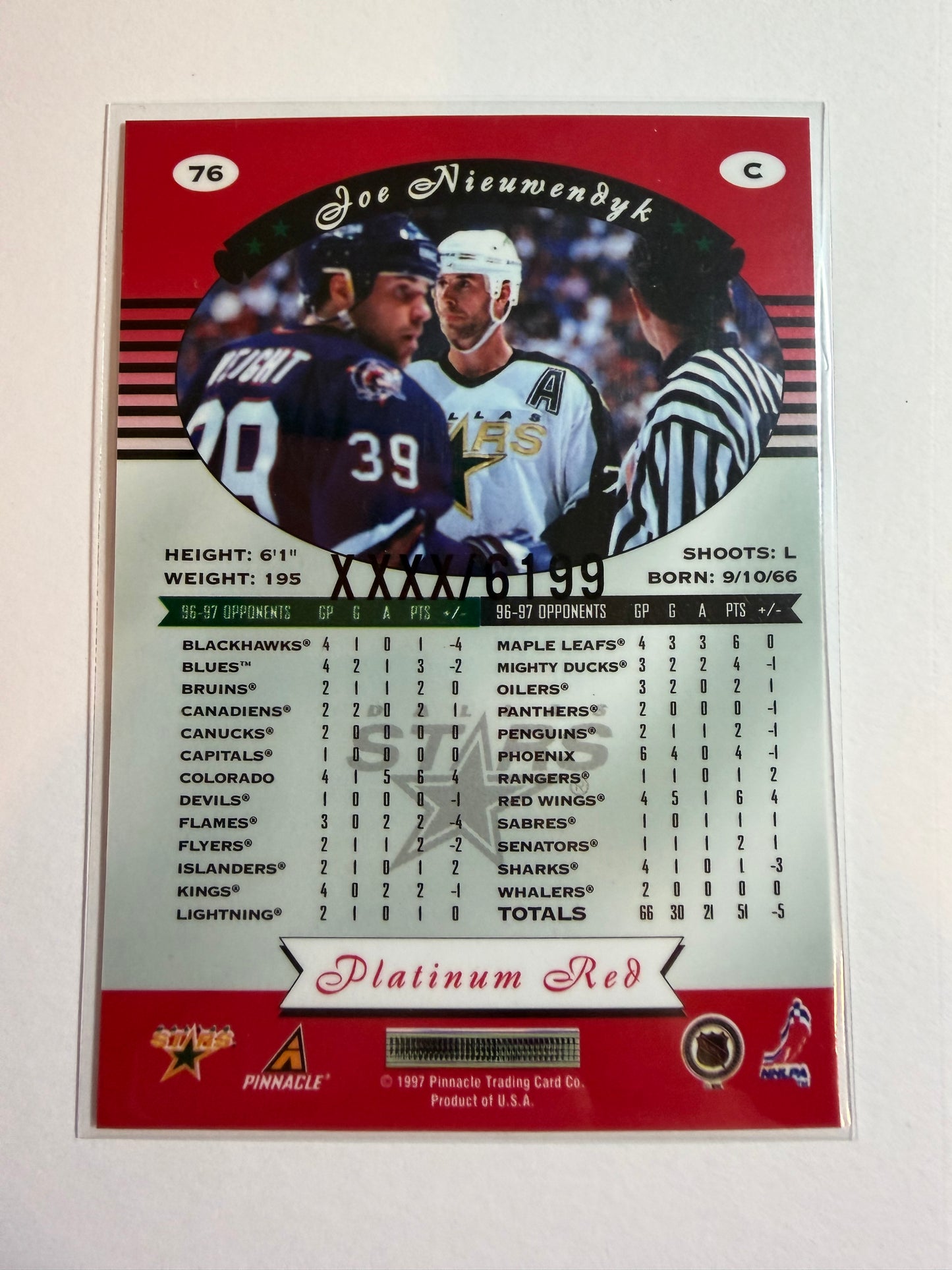 JOE NIEUWENDYK - 1997 Pinnacle Totally Certified Platinum Red #76, xxxx/6199